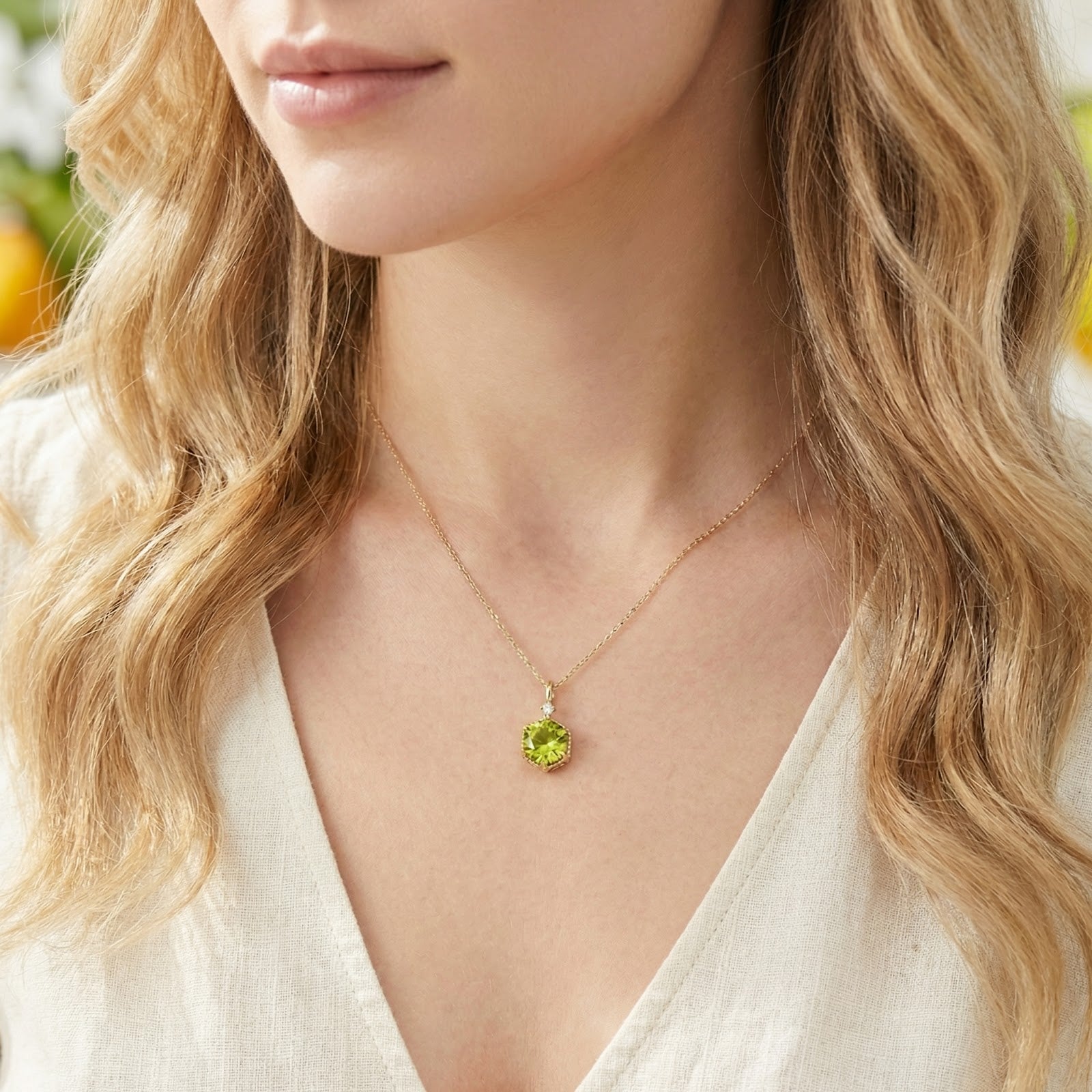 Model wearing the Belenis Hex 18K gold vermeil necklace with a vibrant hexagonal simulated peridot pendant.