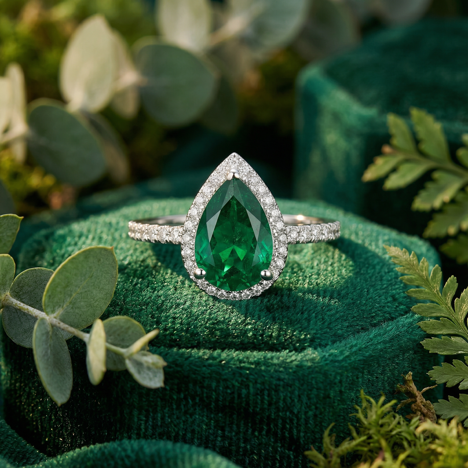 Pear-cut simulated emerald halo ring in S925 sterling silver on a green velvet box with botanical accents.