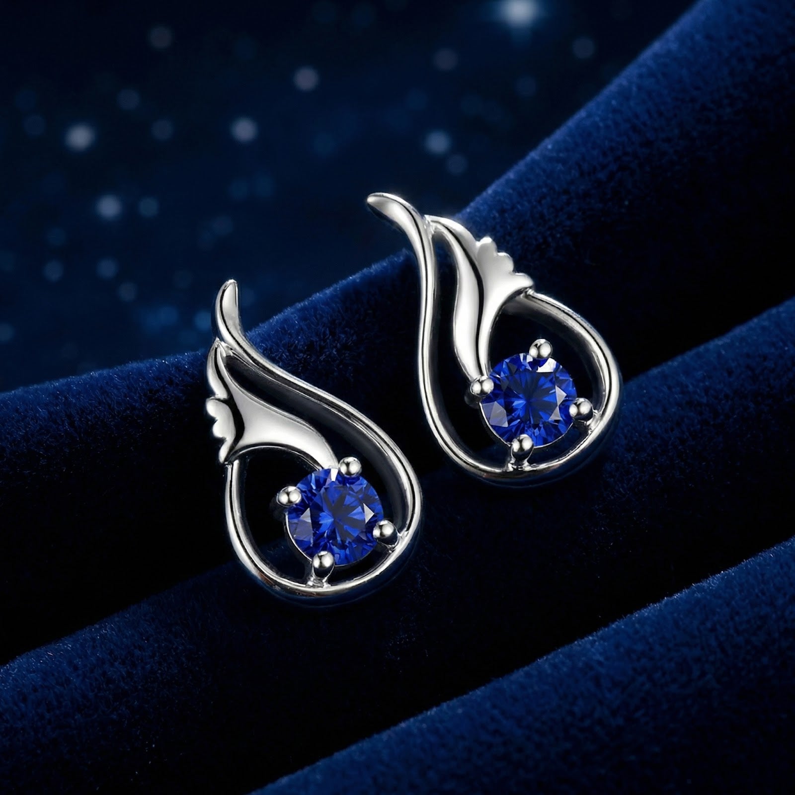 Angled close-up of Lysaria Bud sterling silver earrings with round-cut blue simulated sapphires on blue velvet.