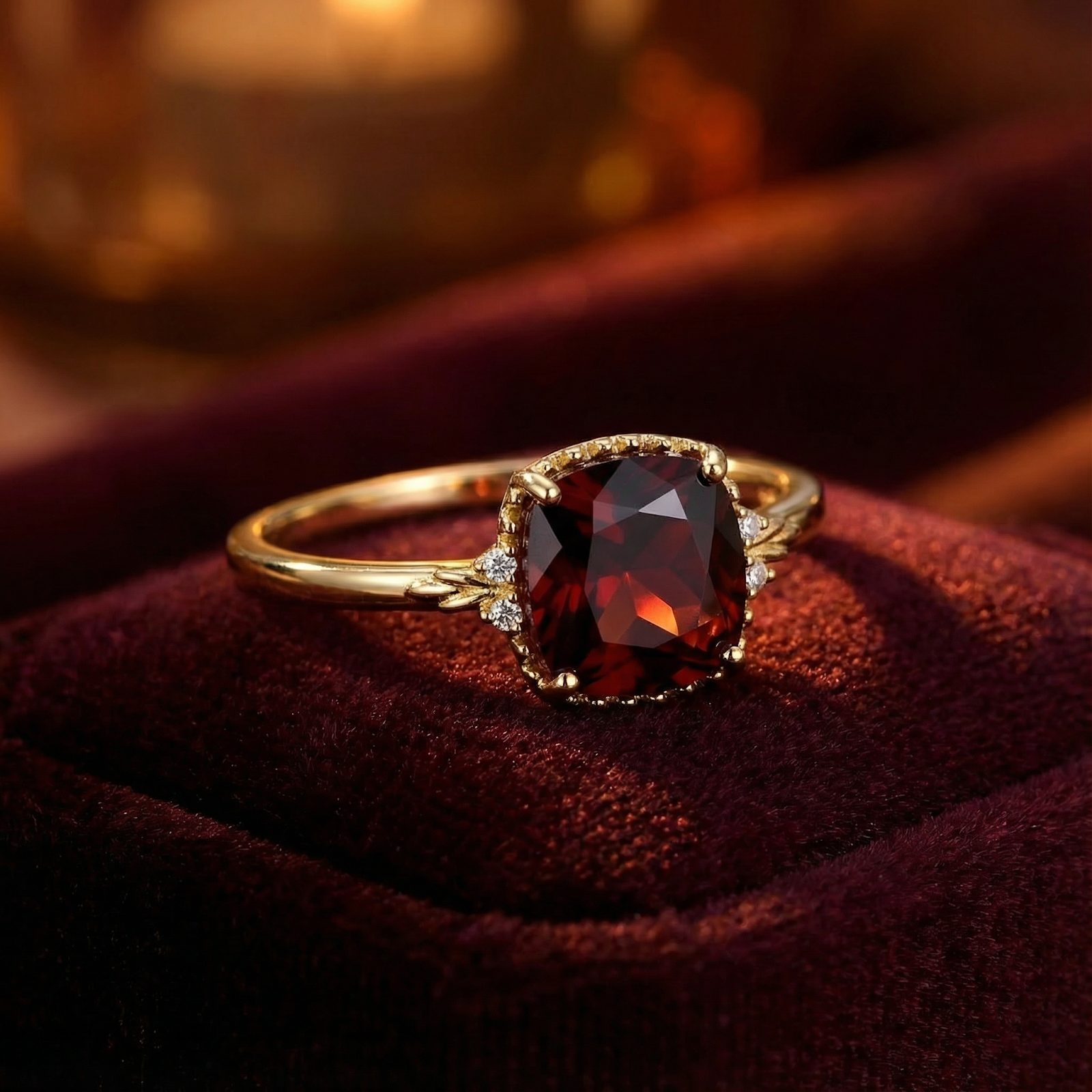 Front view of the Valerine 18K gold vermeil ring featuring a cushion cut simulated red garnet on velvet.