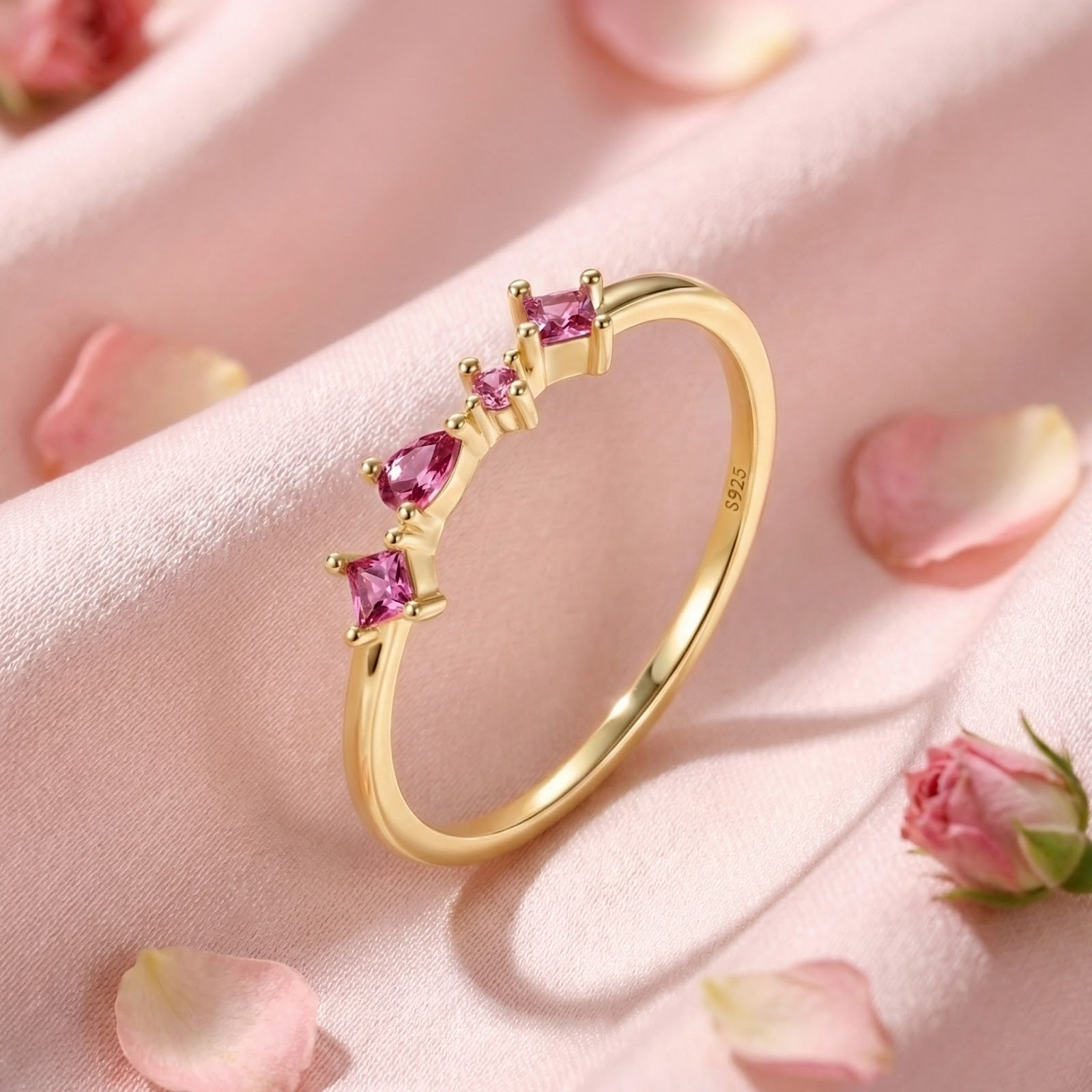 18K gold vermeil Roselind ring with pear and square cut pink tourmalines on pink silk with rose petals.