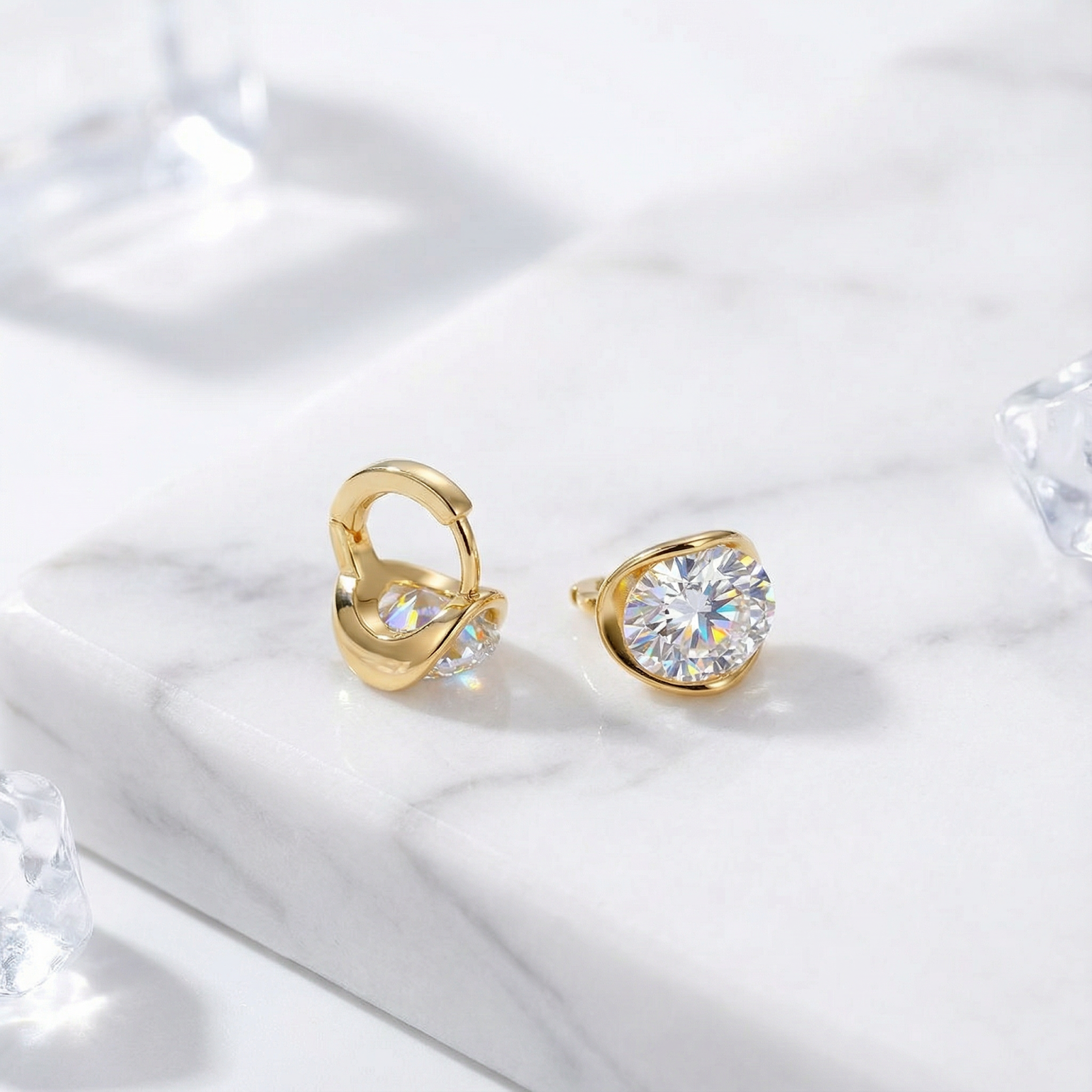 Side view of 18K gold vermeil oval zirconia earrings showing the secure clasp and stone setting.