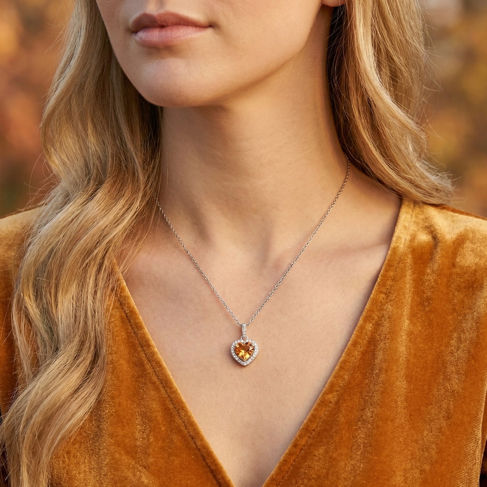 Model wearing the Aureliana heart-shaped simulated topaz necklace in S925 sterling silver.