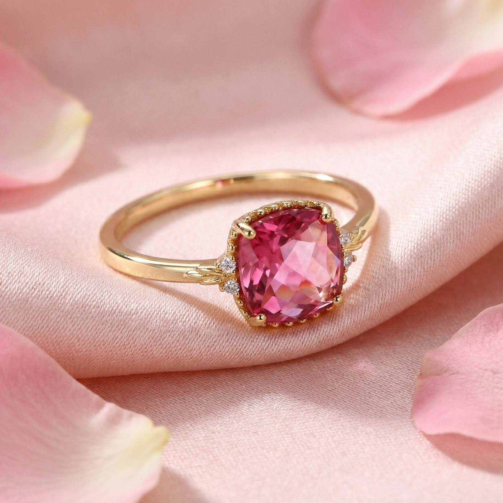 Close-up of the cushion cut simulated pink tourmaline ring in 18K gold vermeil on pink fabric.