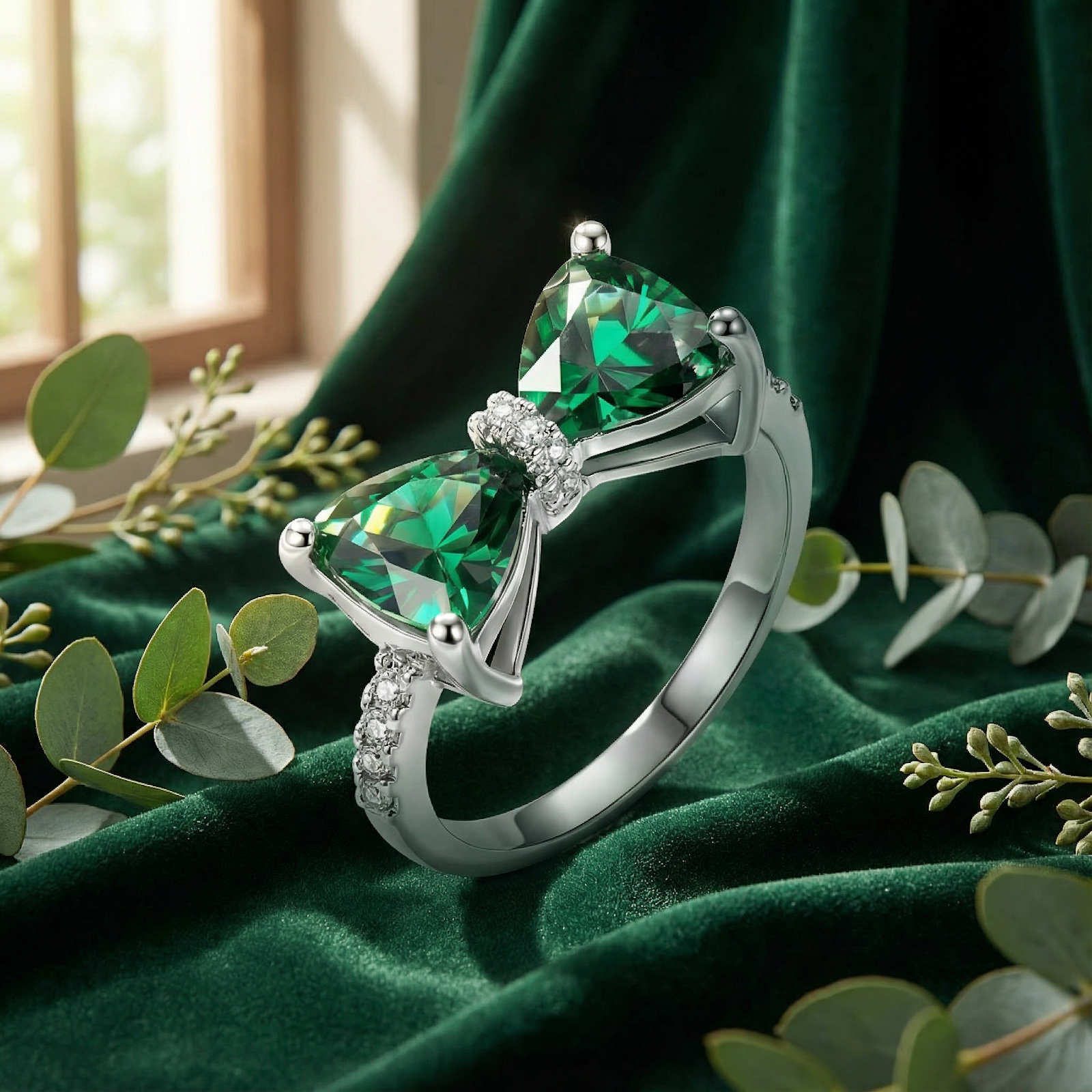 Sterling silver bow ring with trillion-cut simulated emeralds on green velvet with eucalyptus leaves.