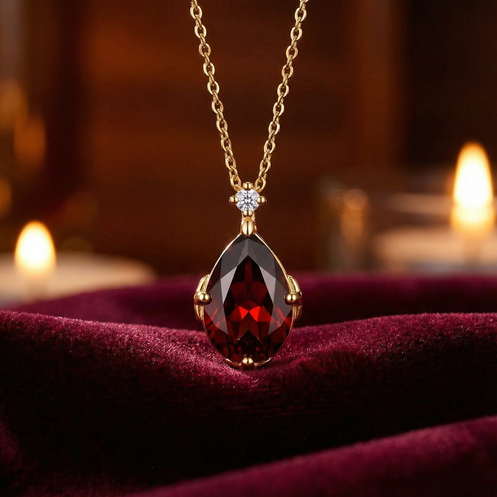 Macro shot of the pear cut simulated garnet pendant in 18K gold vermeil on a red velvet background.