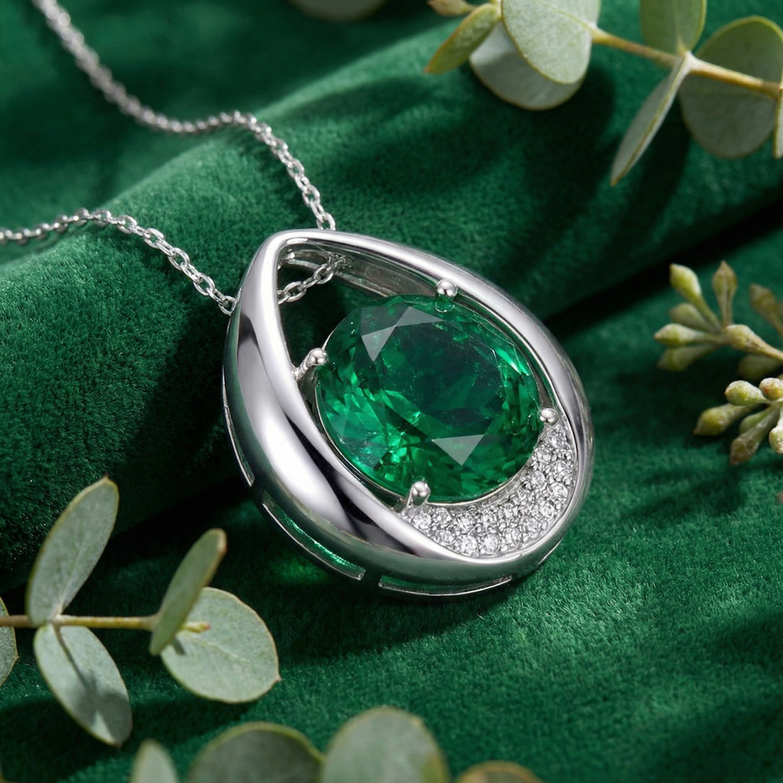 Top-down view of a sterling silver teardrop necklace with a round green simulated emerald on green velvet.