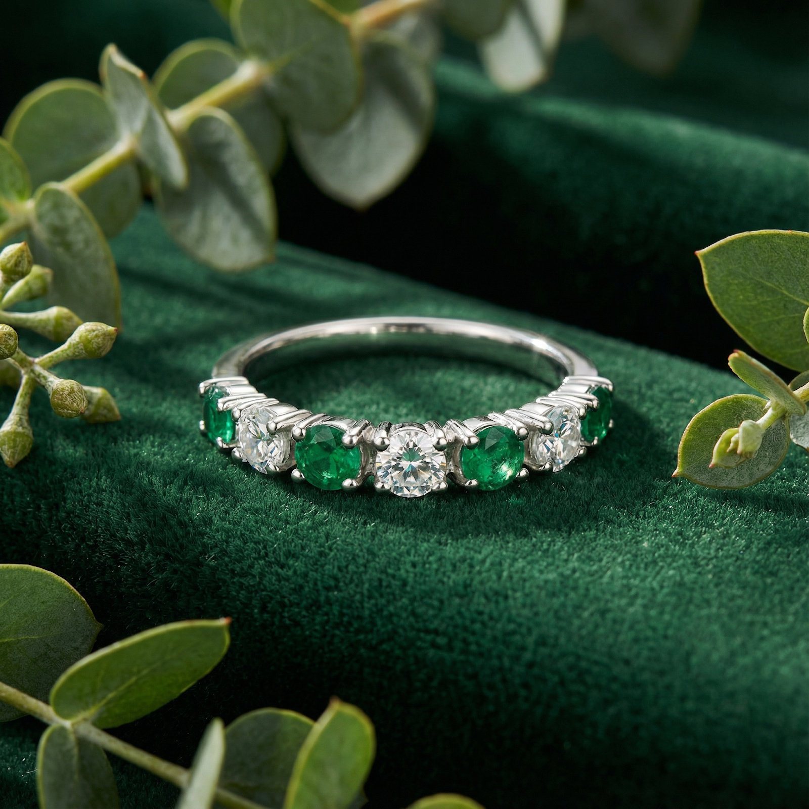 S925 sterling silver eternity ring with round-cut simulated emeralds and clear stones styled on green velvet.