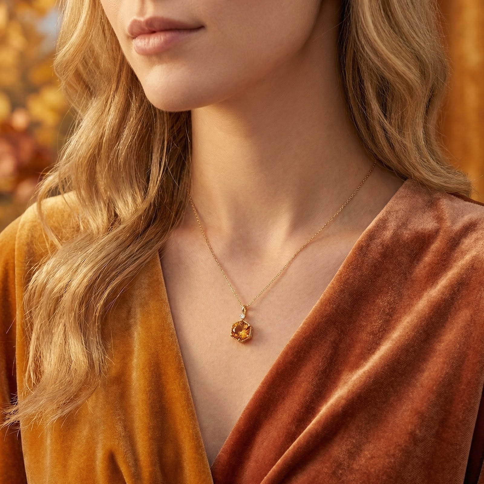 Model wearing the Kyrelle Hex simulated topaz necklace in 18K gold vermeil with a velvet dress.