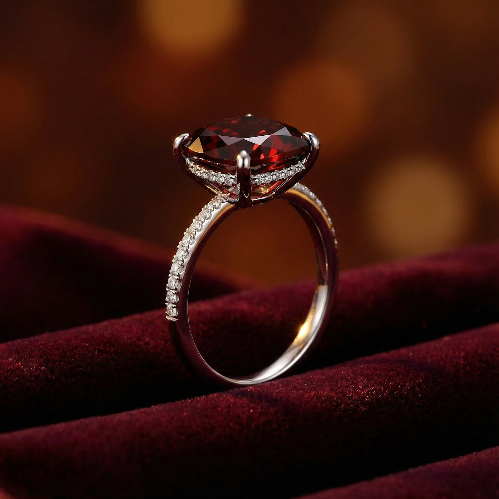 Side view of cushion cut red garnet ring showing the hidden halo and pave S925 sterling silver band.