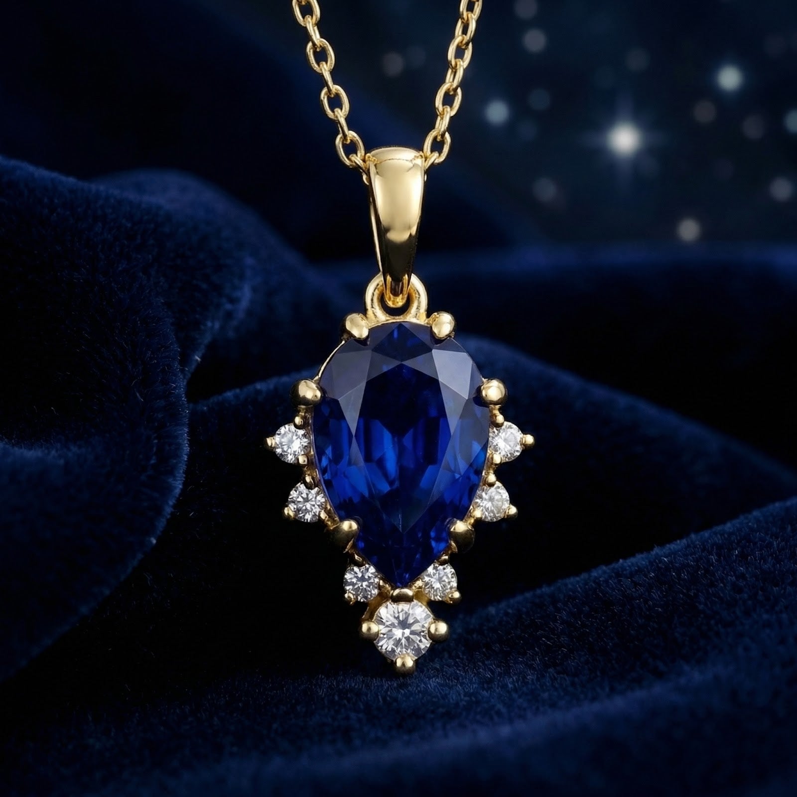 Detailed view of a pear-shaped royal blue sapphire pendant with accents on an 18K gold vermeil chain.