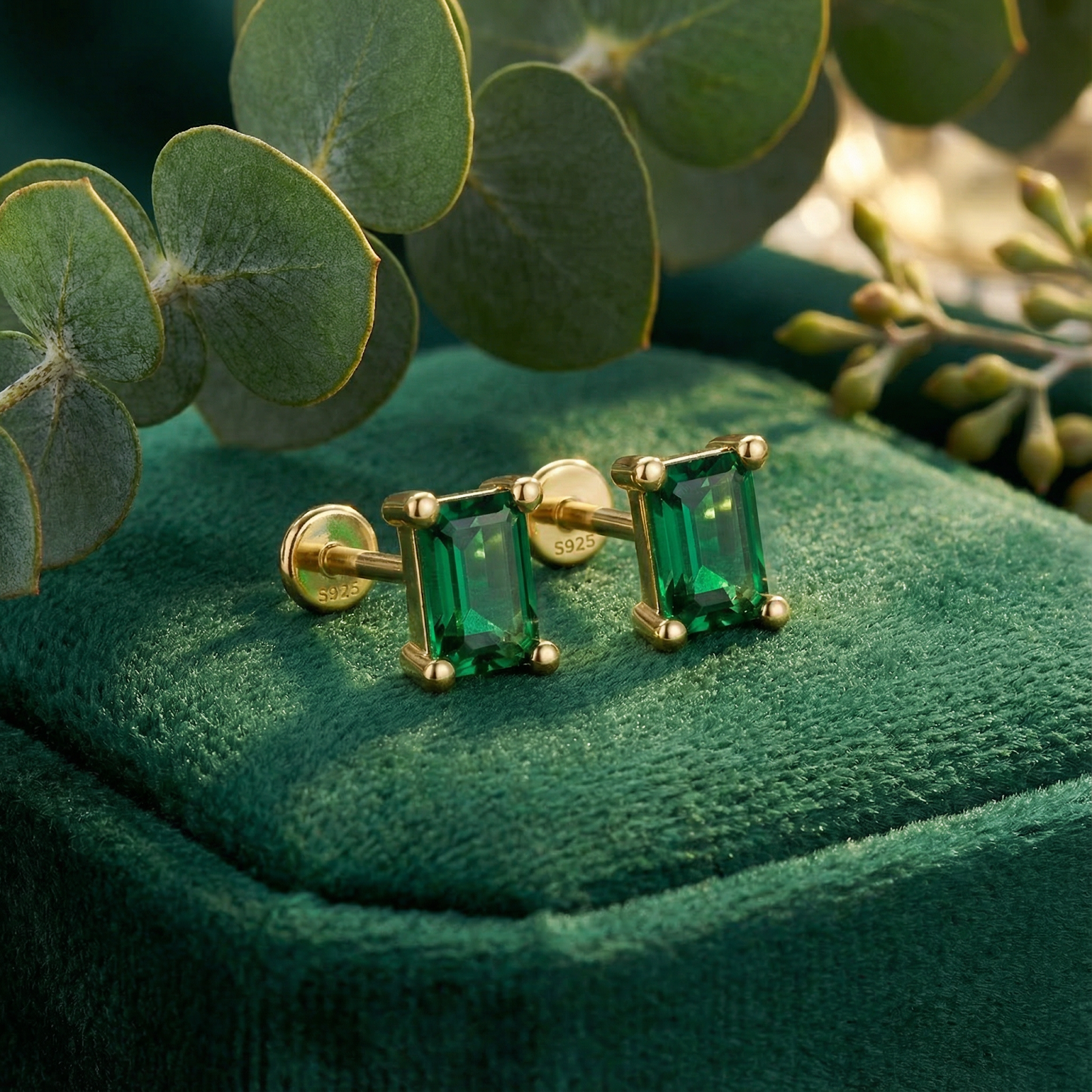 Emerald cut simulated emerald stud earrings in 18K gold vermeil on a green velvet surface with eucalyptus.