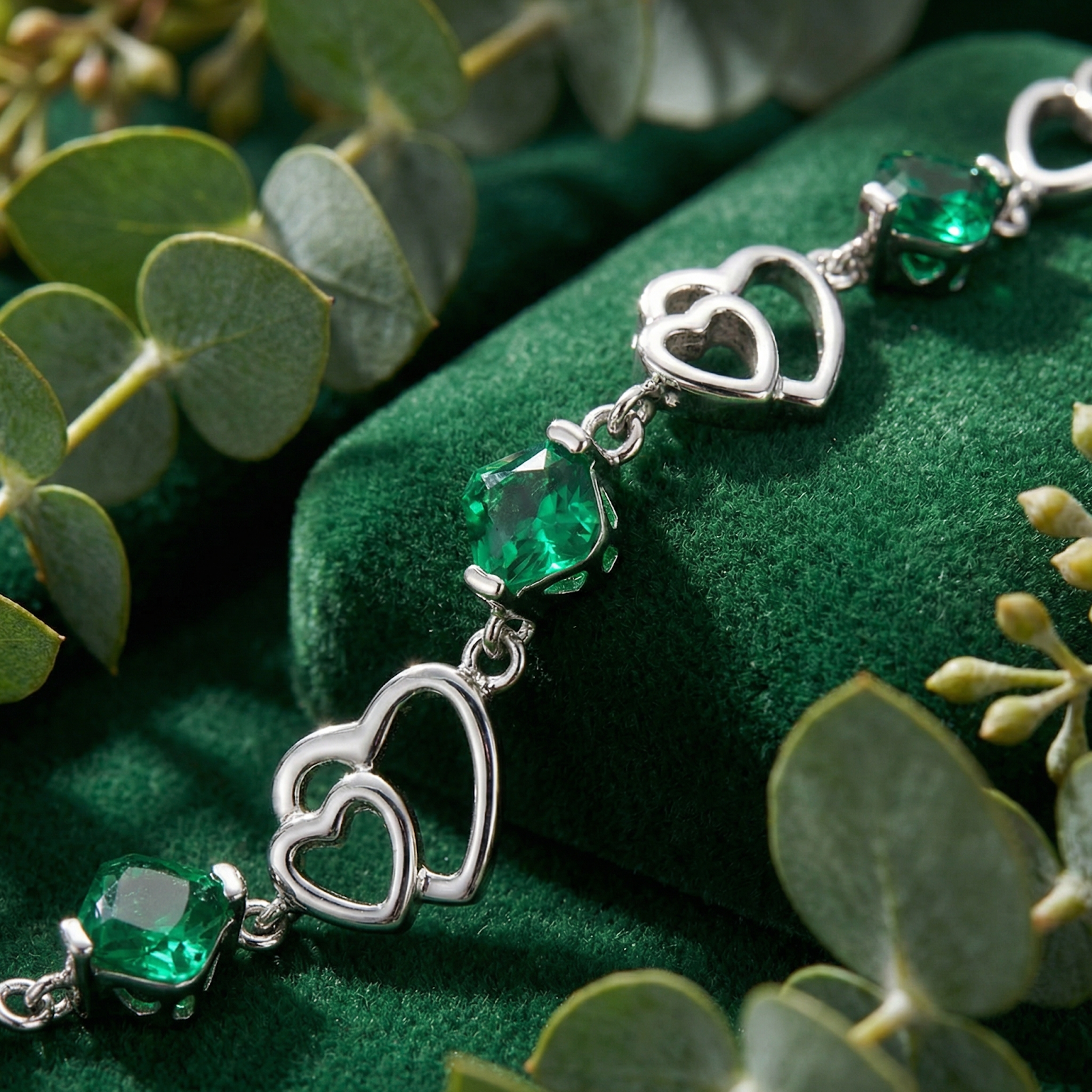 Macro shot of the sterling silver heart links and cushion cut simulated emerald stones on green velvet.