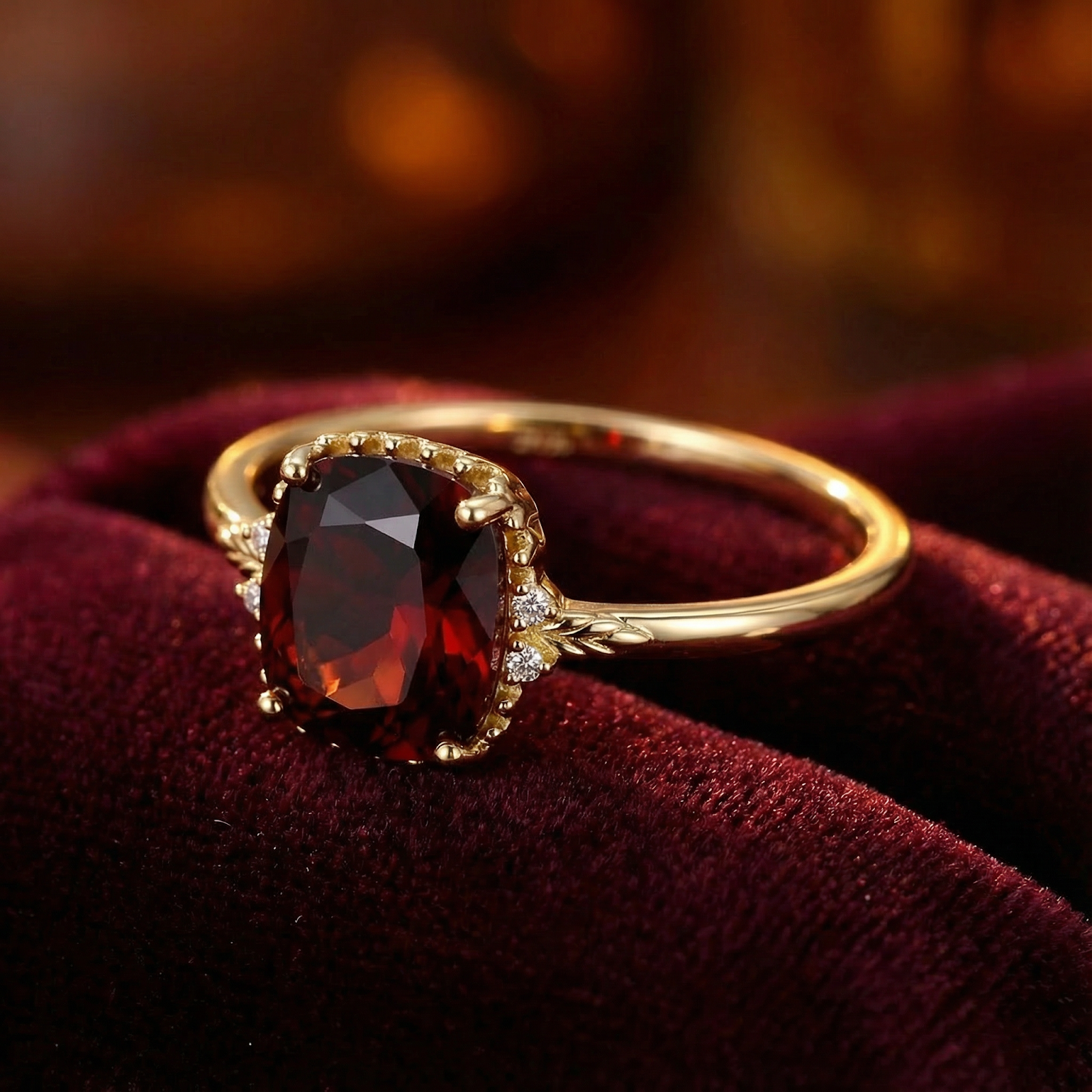 Side view of the Valerine 18K gold vermeil ring with a cushion cut simulated garnet on red velvet.