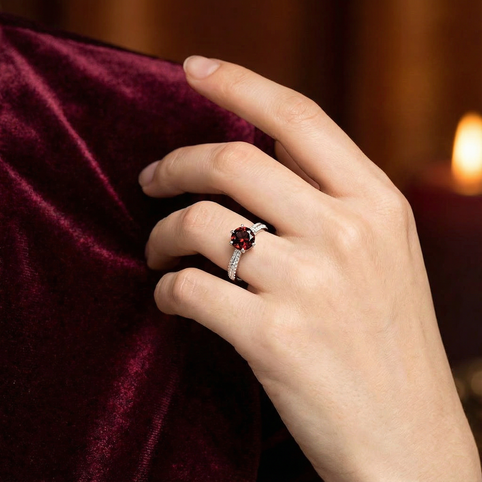 Woman wearing a sterling silver simulated garnet ring on her finger, resting against dark red velvet fabric.