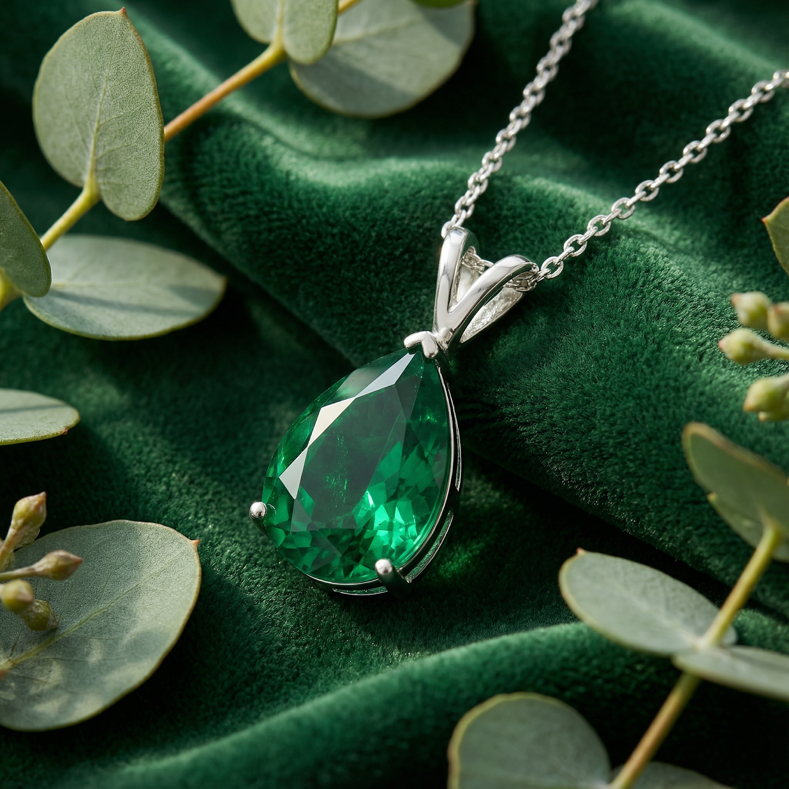 Close-up of a 1.5CT pear-cut green moissanite pendant in a silver V-bale setting on green velvet.