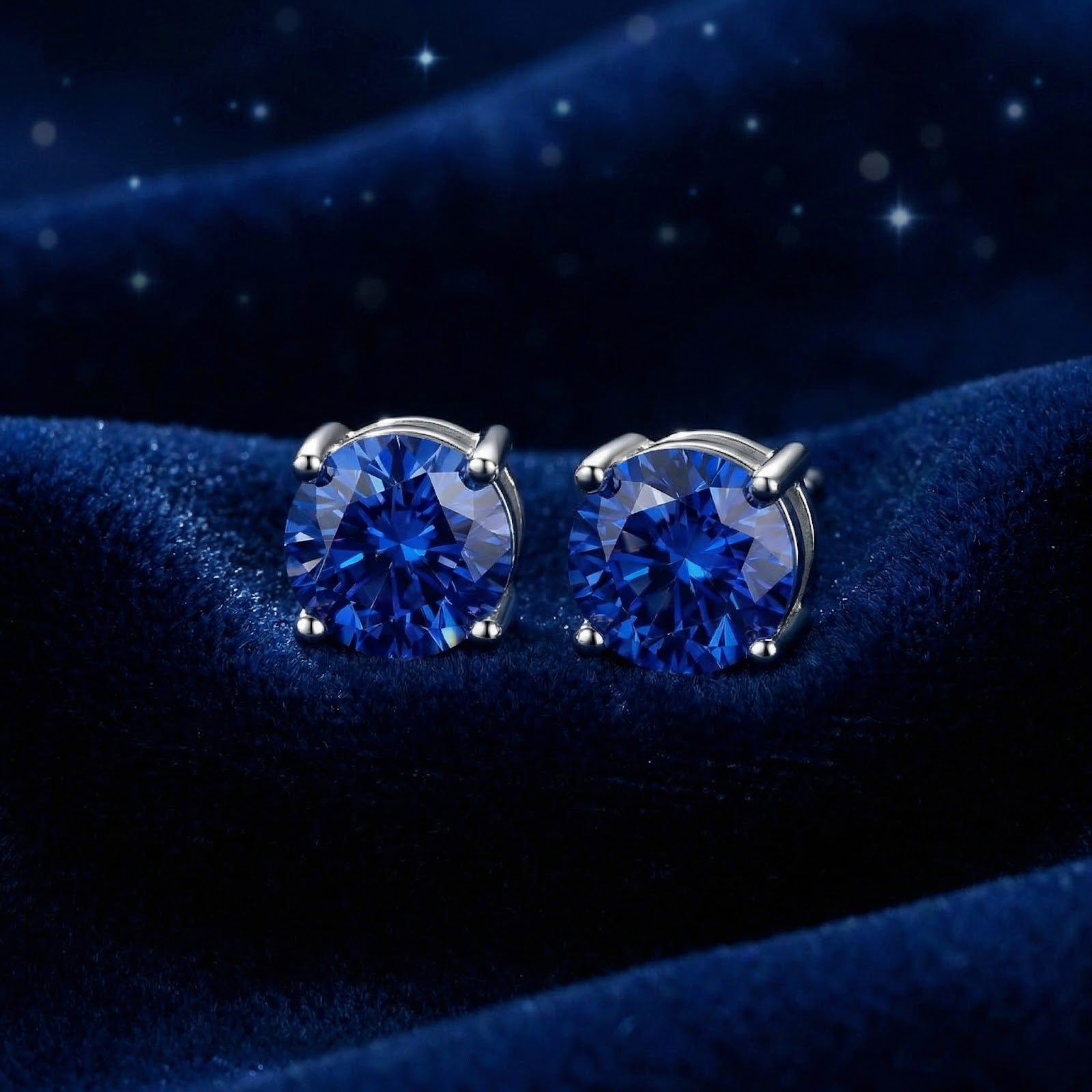 Round cut royal blue simulated sapphire stud earrings in sterling silver resting on dark blue velvet.