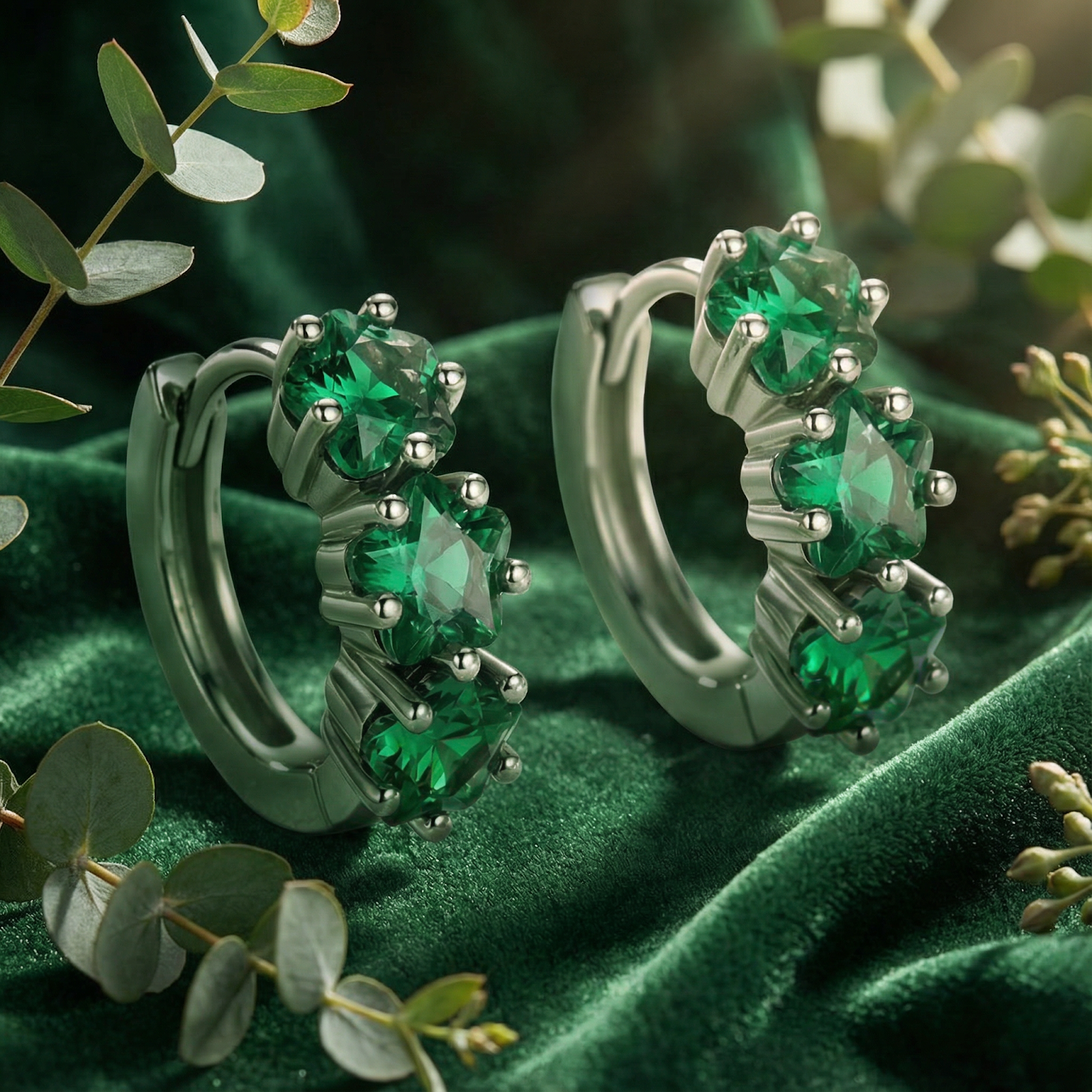 Angled view of Sidraea star-cut simulated emerald huggie earrings in sterling silver on green velvet.