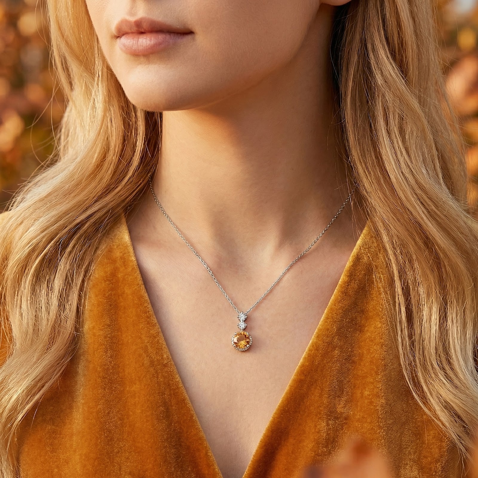 Front view of the round honey topaz pendant in sterling silver worn by a model against an autumn backdrop.