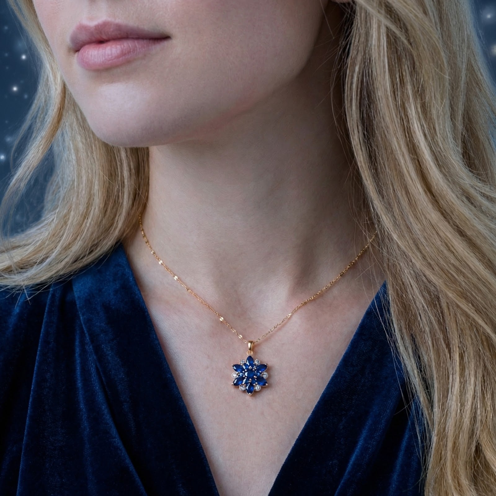 Woman wearing the gold stainless steel Azurantine Blossom necklace with blue simulated sapphires.