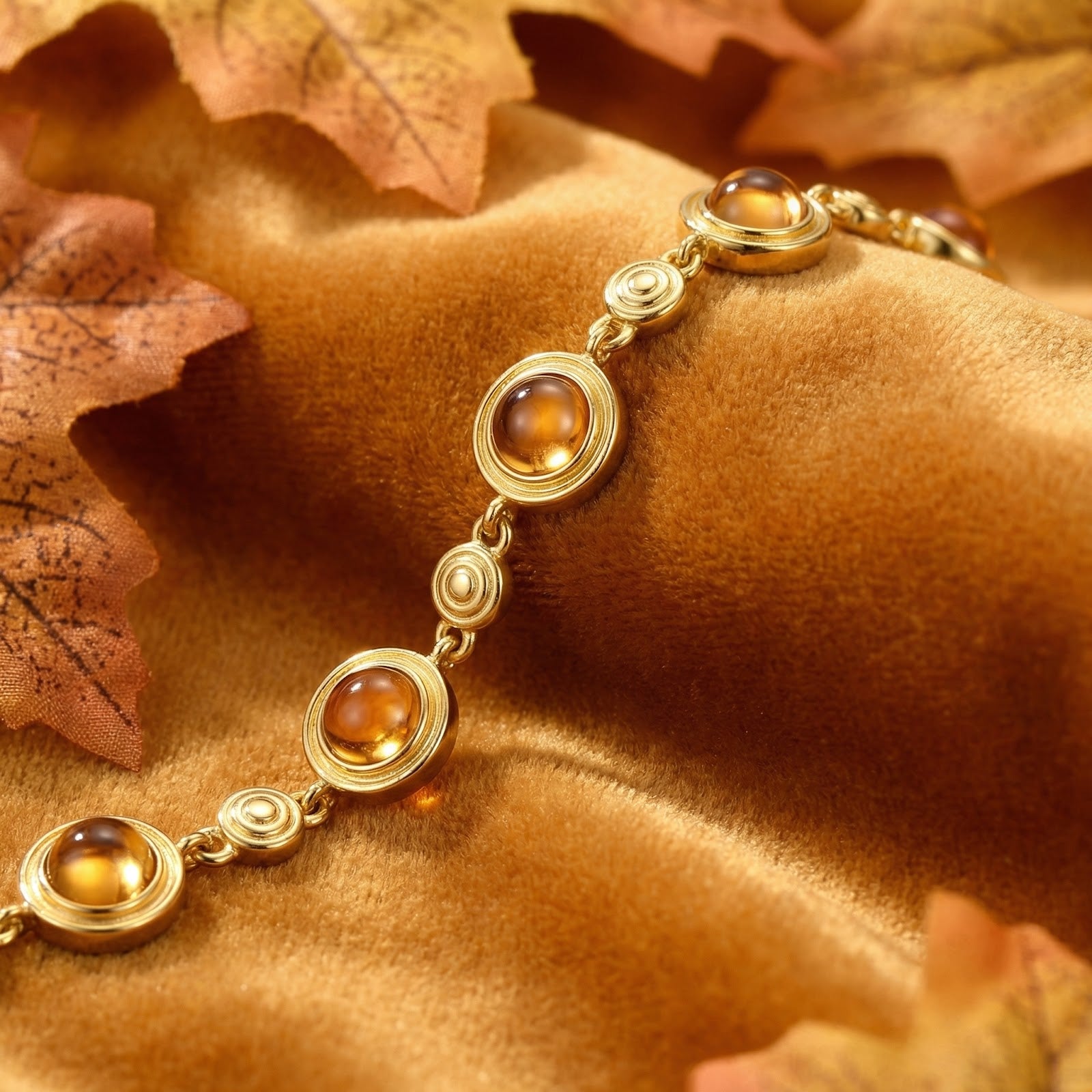 Macro view of the 18K gold vermeil station bracelet showing faceted honey-colored simulated topaz stones.
