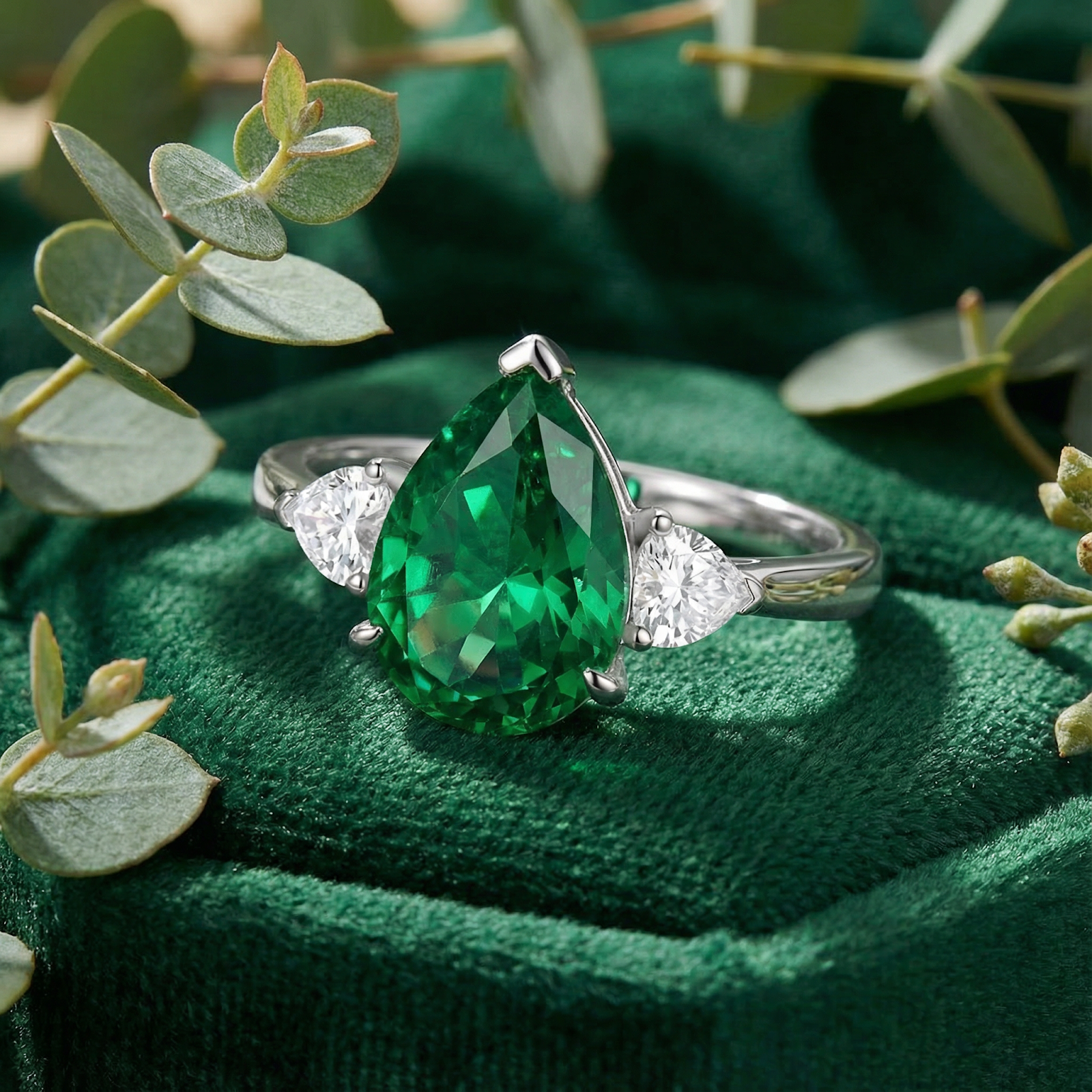 Pear cut simulated emerald ring in S925 sterling silver with trillion accents on green velvet.