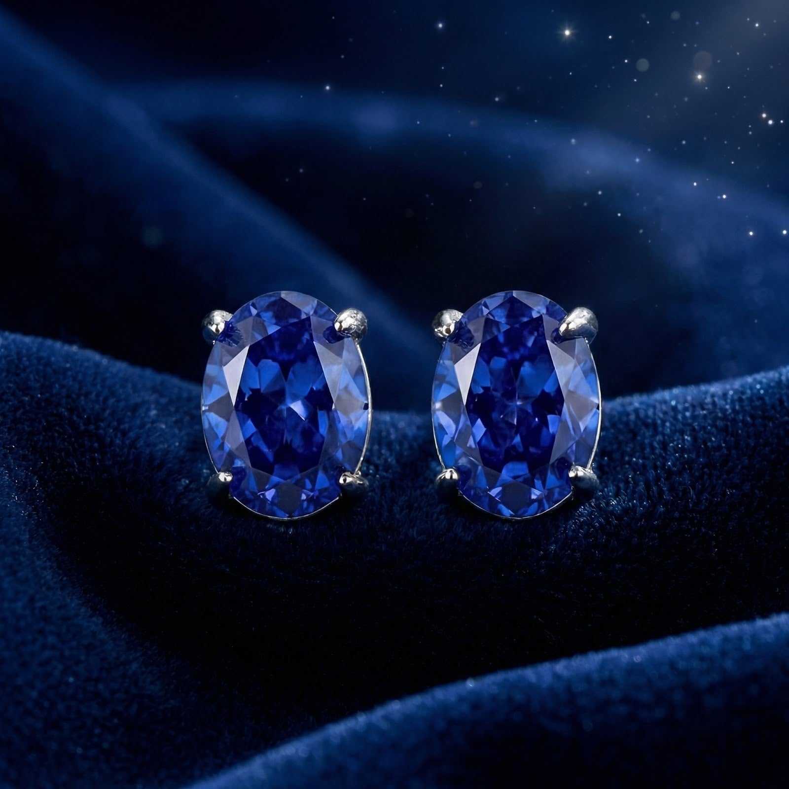 Close-up of oval cut royal blue simulated sapphire sterling silver stud earrings on blue velvet.