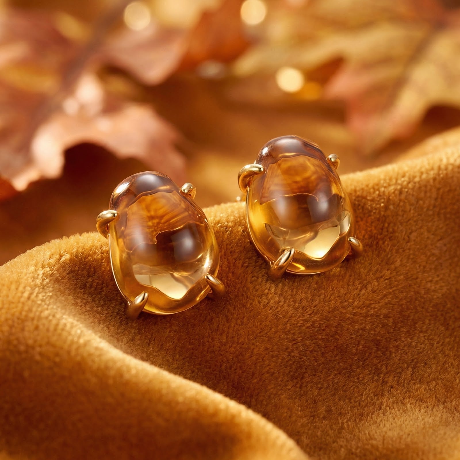 Angled view of Amarantha gold vermeil stud earrings with honey-colored simulated topaz on warm textured fabric.