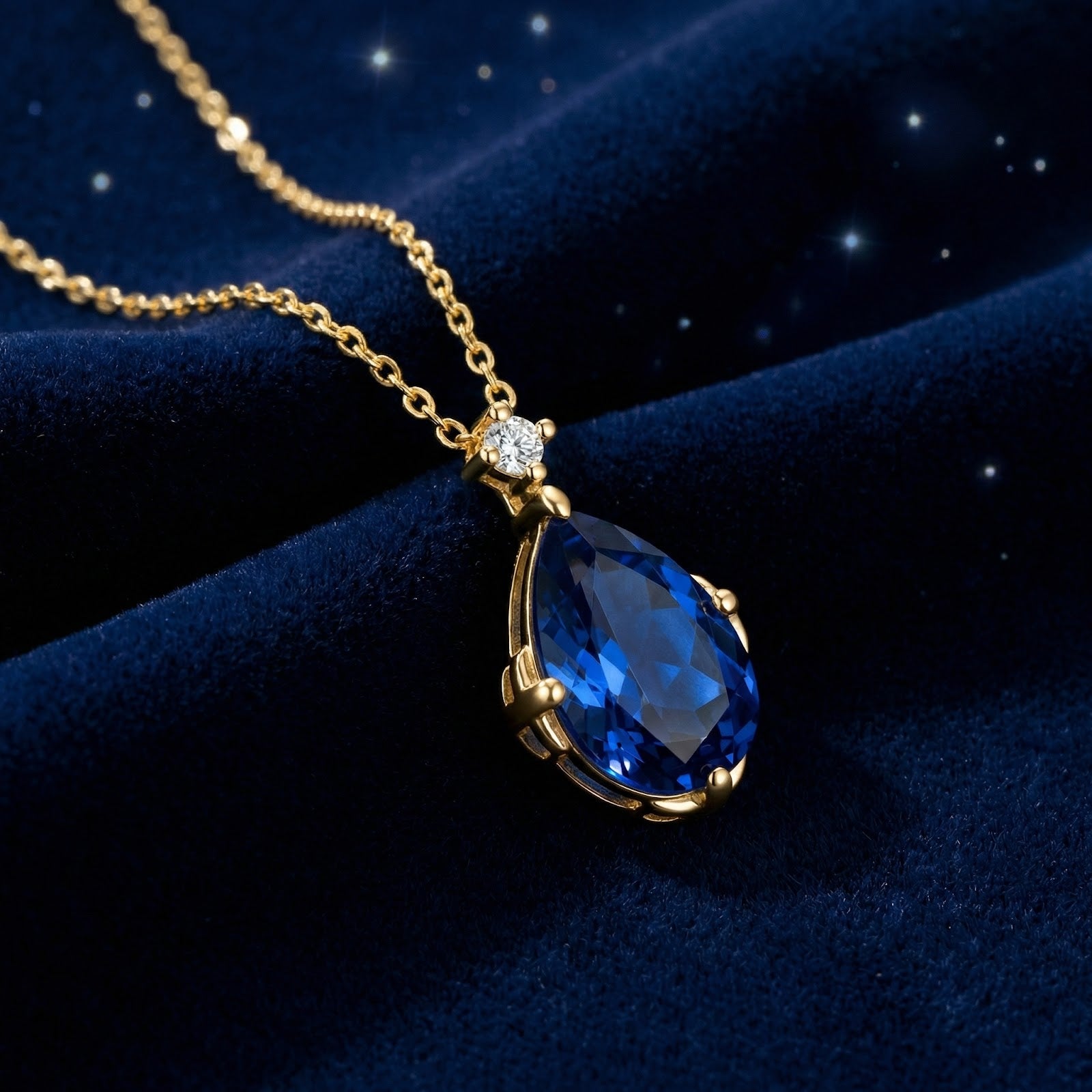 Side profile of the pear-cut simulated sapphire pendant in 18K gold vermeil on blue velvet.