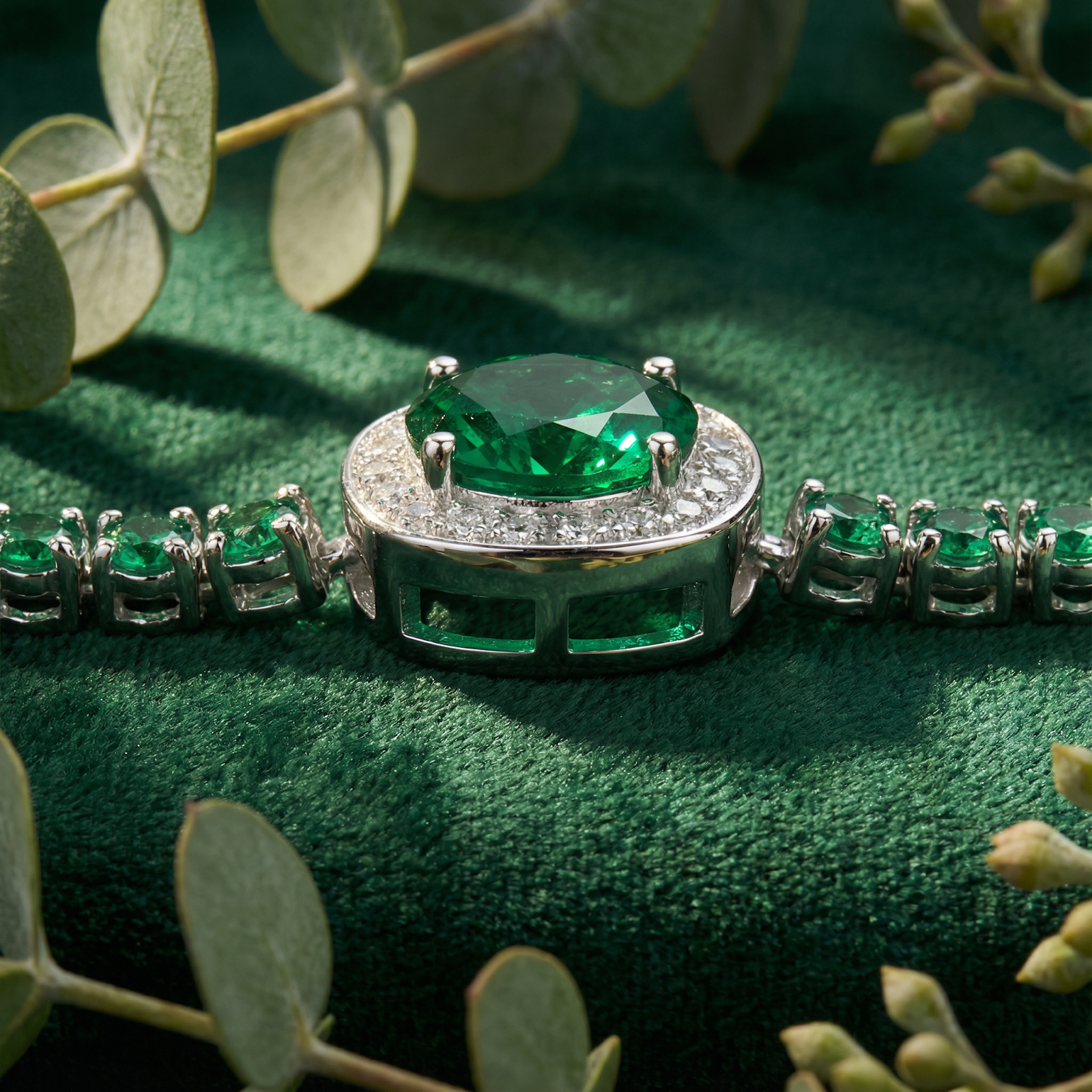 Macro view of a cushion-cut green simulated emerald and halo in a sterling silver setting.