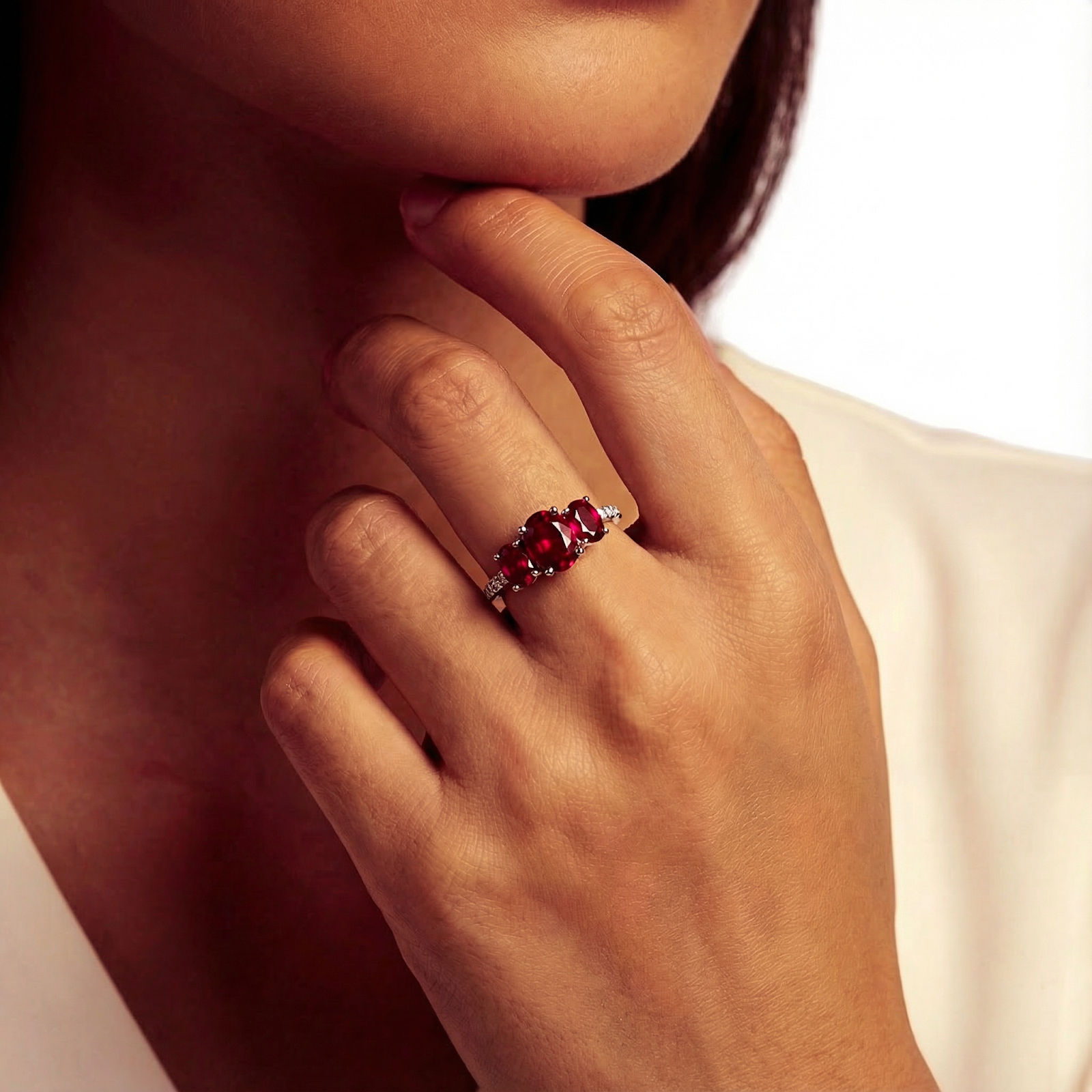 Silver ring with three oval-cut simulated rubies worn on a model's hand.