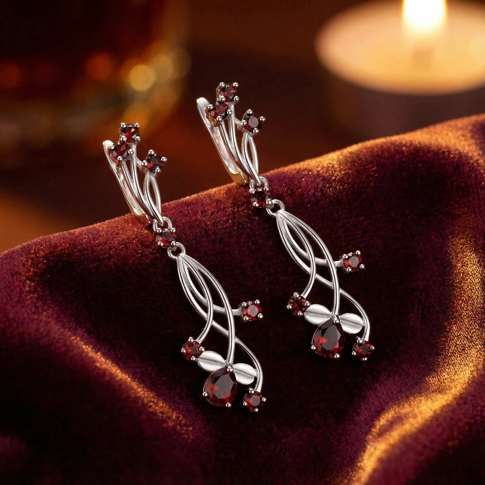 S925 sterling silver Kalina drop earrings with pear-cut red garnets on velvet near a candle.
