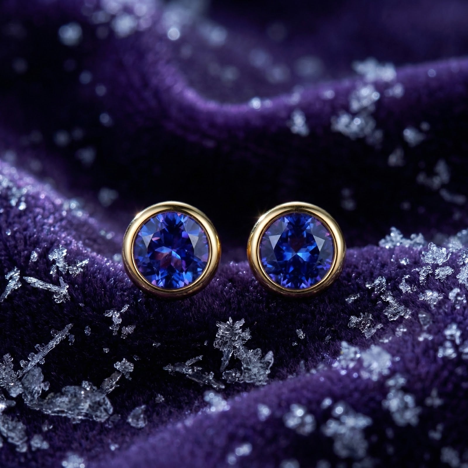 Macro view of round simulated tanzanite stones in 18K gold vermeil bezel settings on purple velvet.