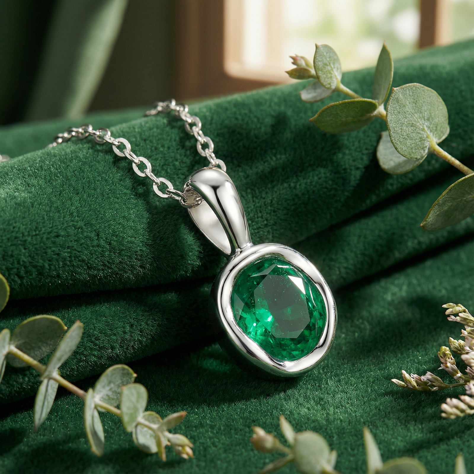 Macro view of a round precision-cut simulated emerald in a silver bezel setting on green velvet.
