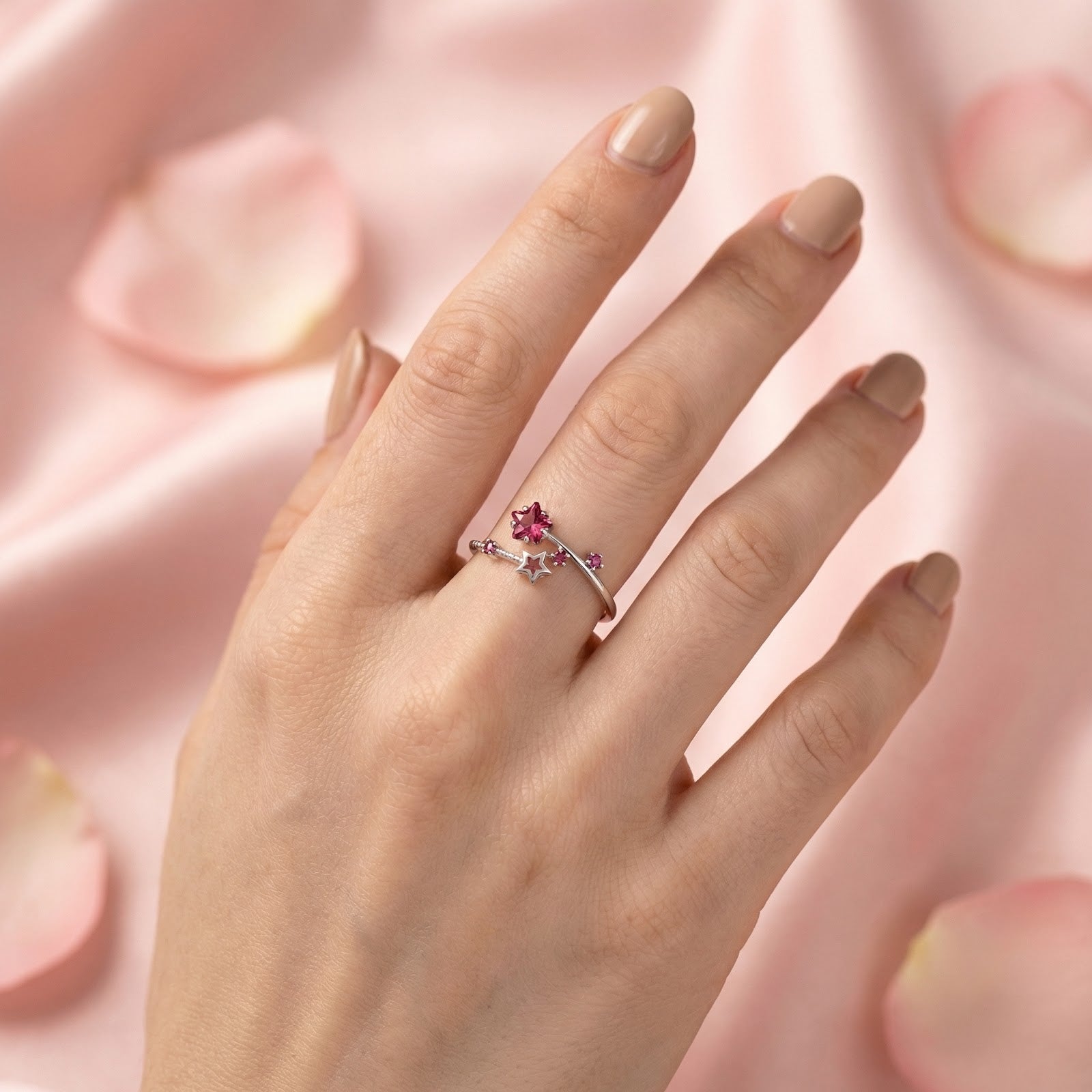 Sterling silver Stellaris bypass ring with pink tourmaline stars worn on a hand to show size and fit.