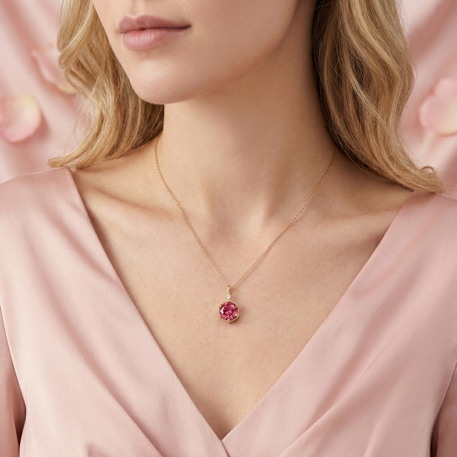 Model wearing the Maricelle Hex pink tourmaline necklace in 18K gold vermeil with a pink top.