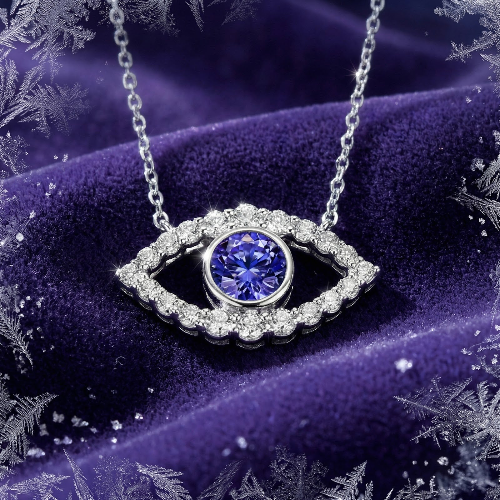 Close-up detail of the sterling silver evil eye pendant with a round-cut simulated tanzanite.