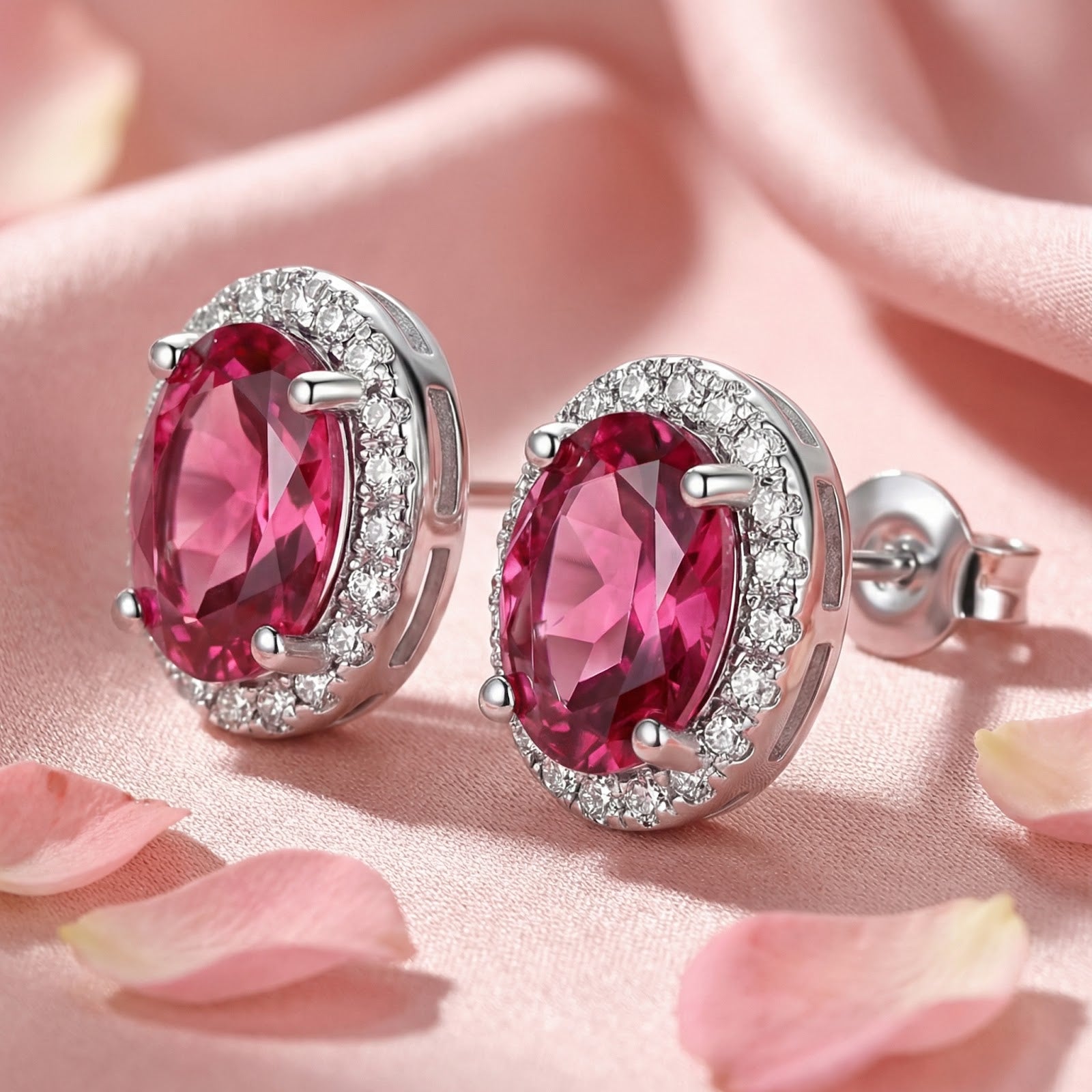 Macro view of the oval-cut simulated pink tourmaline stones and halo setting on sterling silver studs.