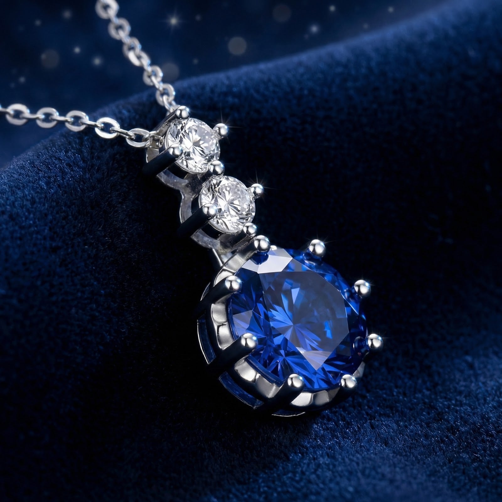 Round cut blue simulated sapphire pendant in sterling silver on a dark blue velvet background.