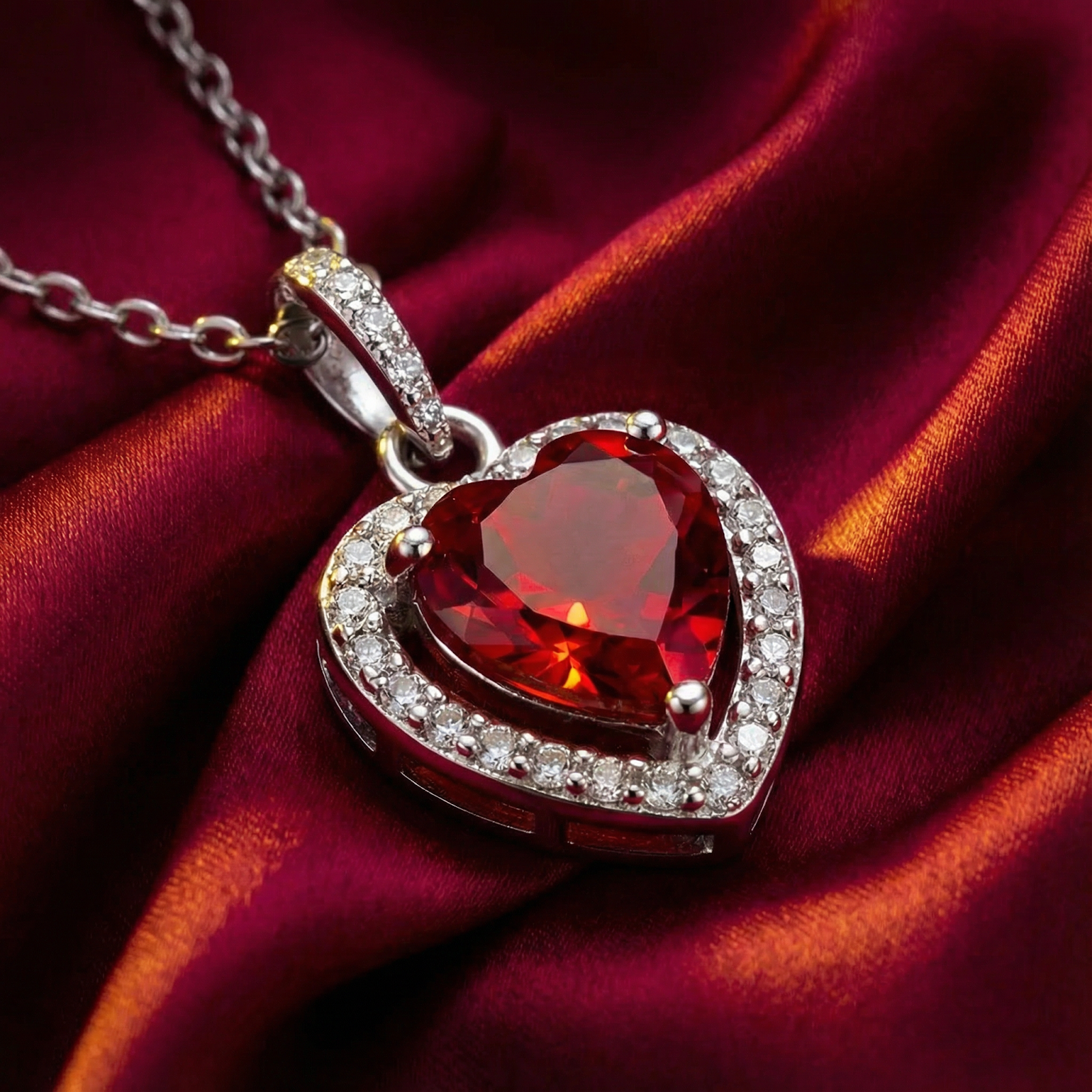 Women's July Birthstone Necklace Heart-Cut Simulated Ruby - S925