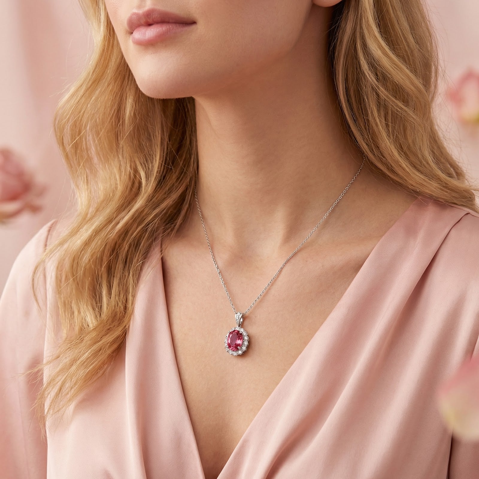 A woman wearing the oval pink tourmaline halo necklace in sterling silver against a pink dress.