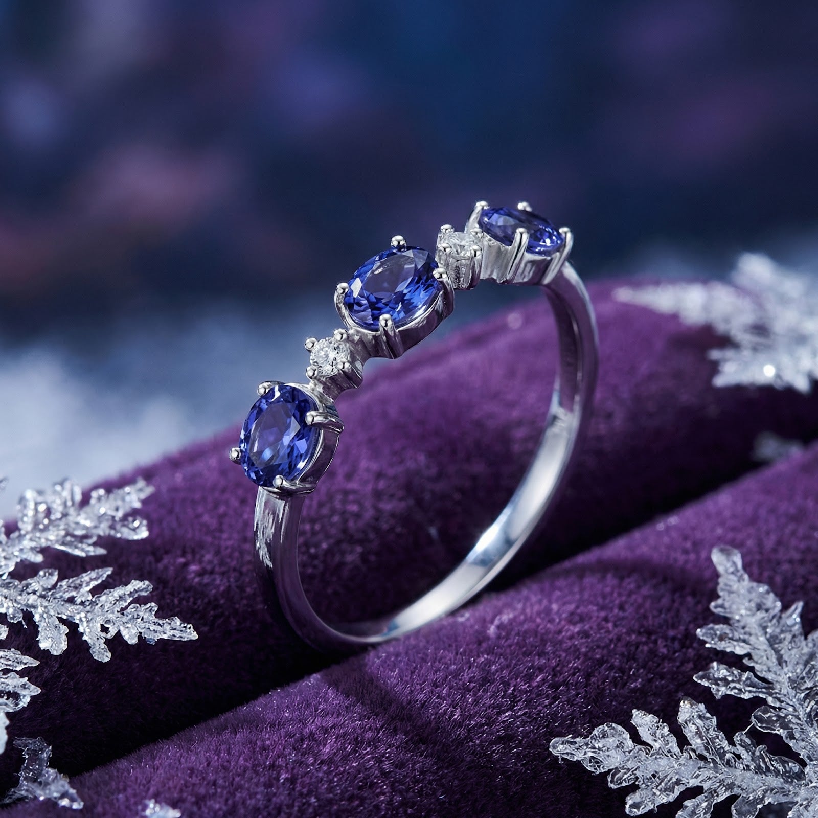 Close-up of the Marissara Trinity Ring in S925 sterling silver featuring three oval-cut simulated tanzanite stones.
