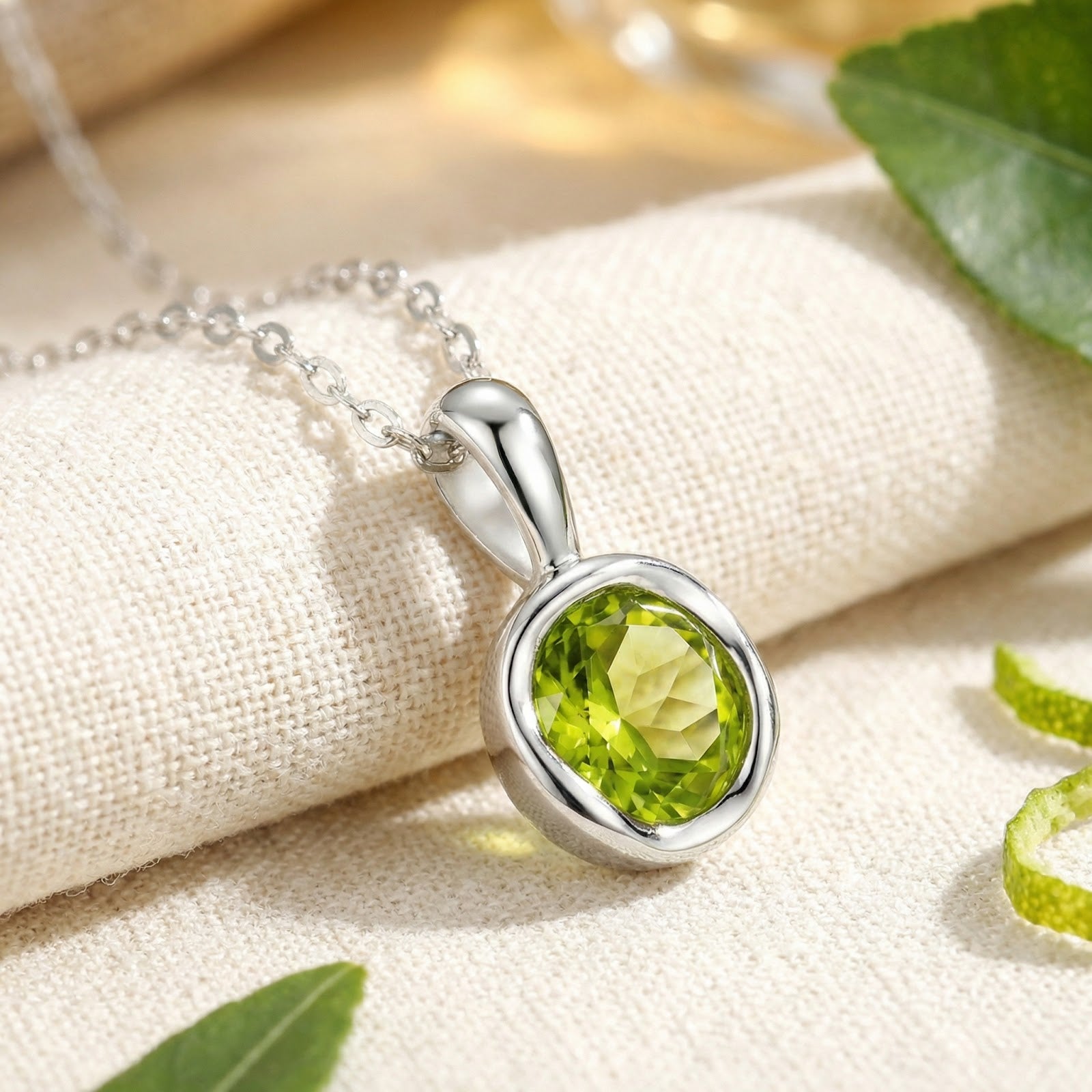 Macro view of a round-cut simulated peridot in a S925 sterling silver bezel setting, showing stone clarity.