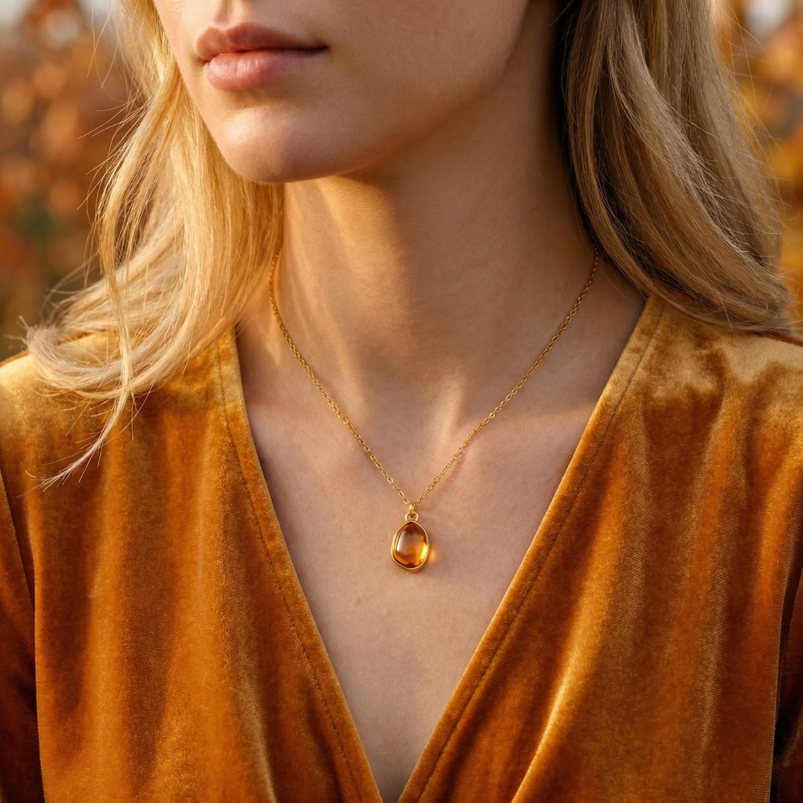 Woman wearing the gold finish Solis Teardrop necklace with a honeyed simulated topaz pendant.