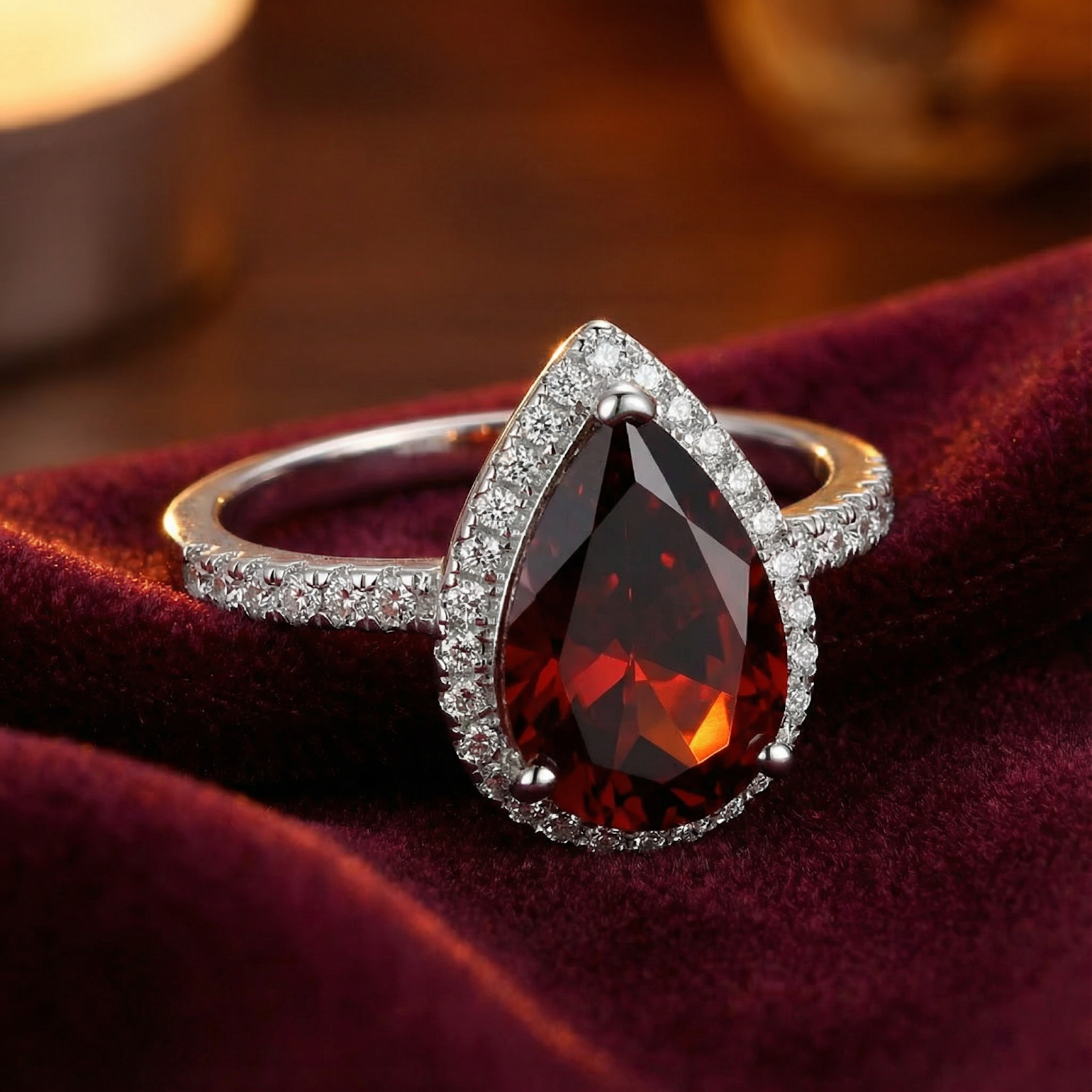 Angled view of the pear-shaped simulated garnet halo ring in sterling silver on a red velvet background.
