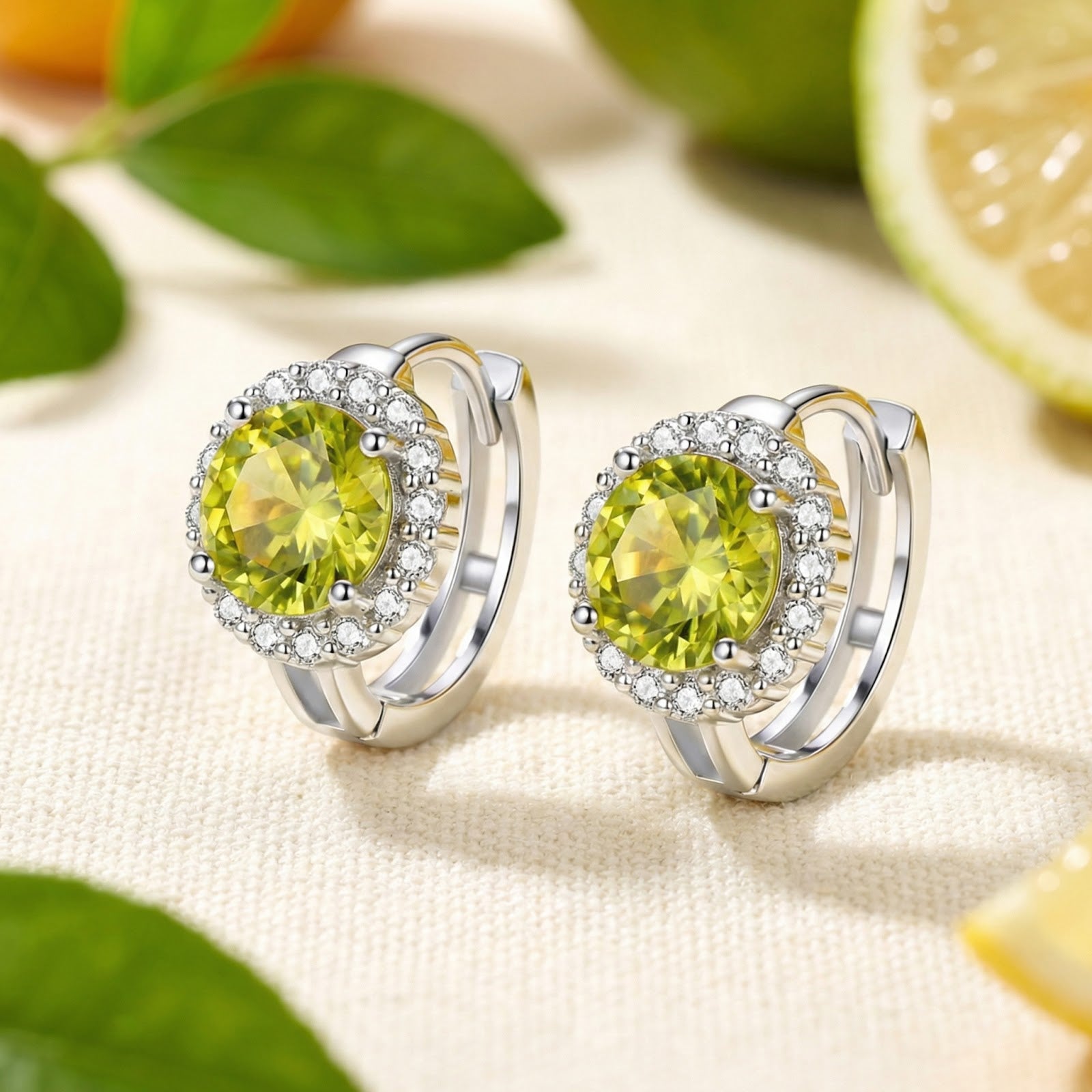 Pair of round cut green moissanite halo earrings in sterling silver displayed with fresh lime and green leaves.