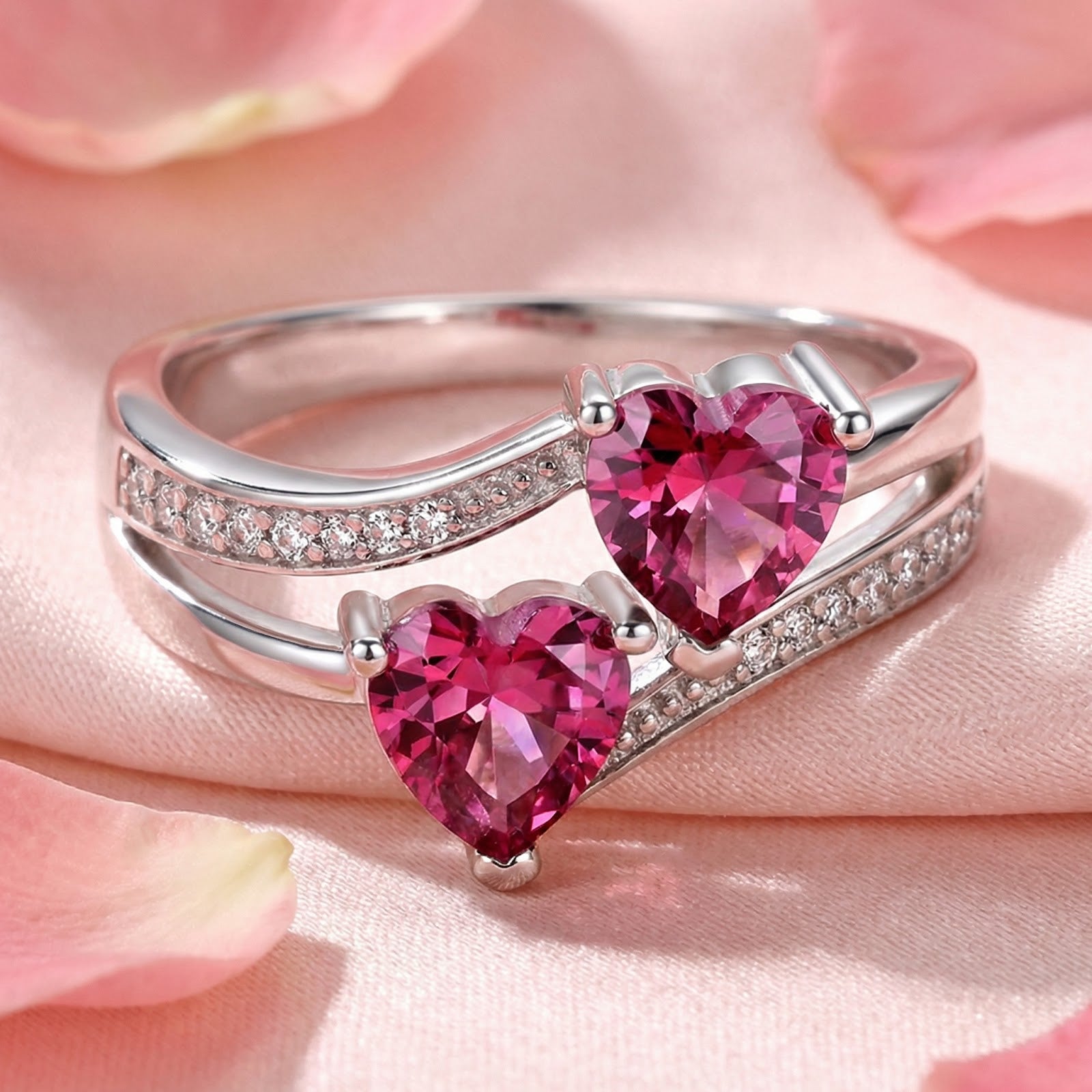 S925 sterling silver bypass ring with two heart-cut simulated pink tourmaline stones on a pink petal background.