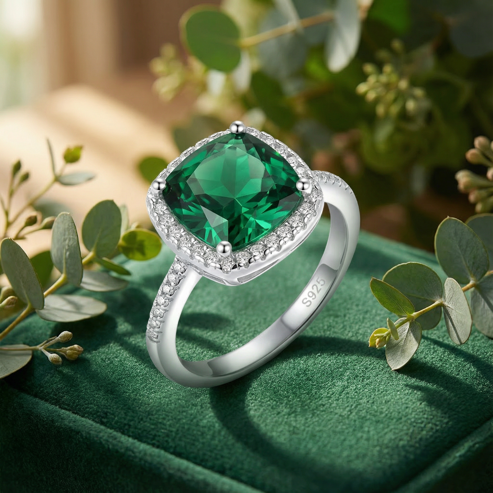 Cushion-cut simulated emerald halo ring in S925 sterling silver on a green velvet box with eucalyptus leaves.