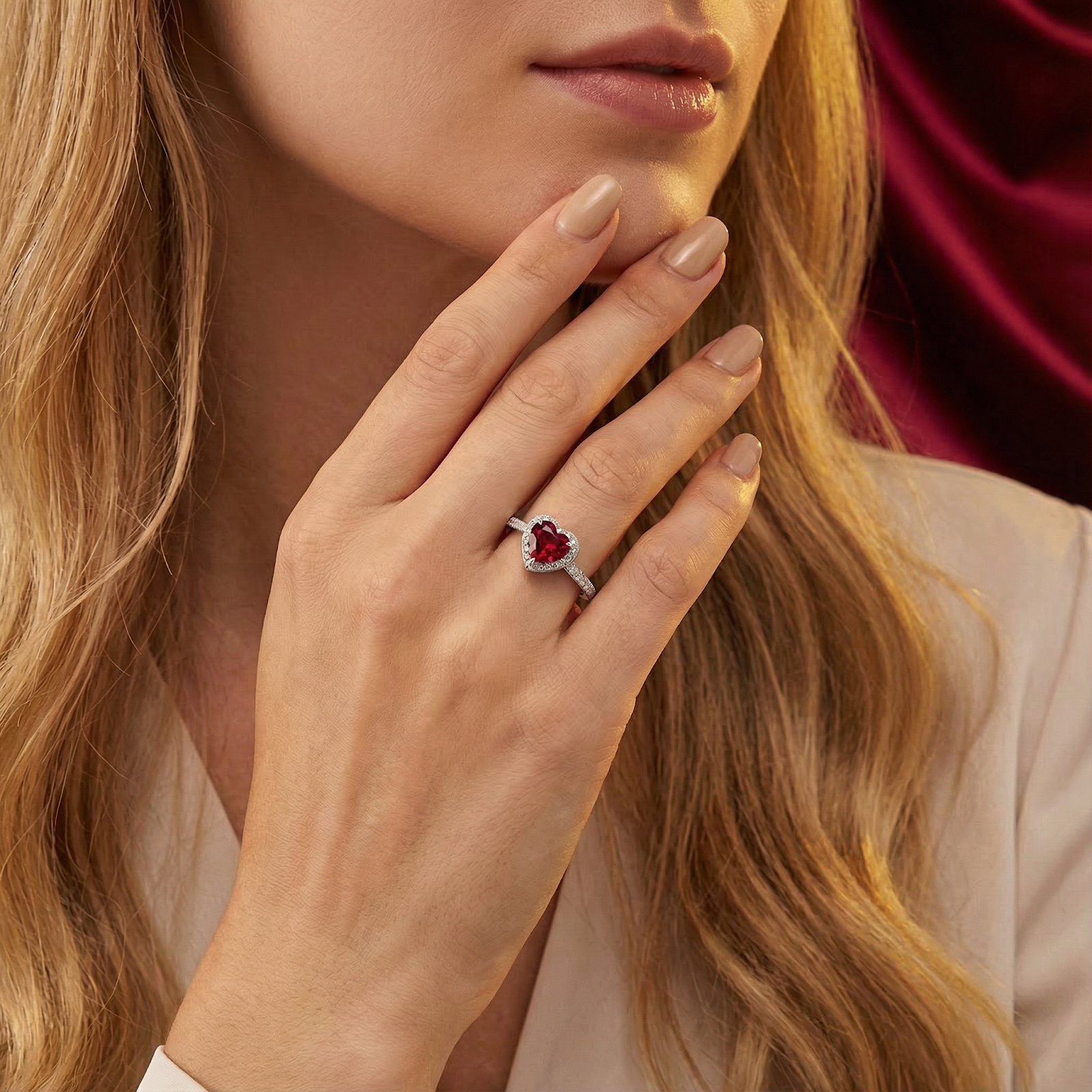Model wearing the heart-shaped simulated ruby sterling silver ring on her ring finger.