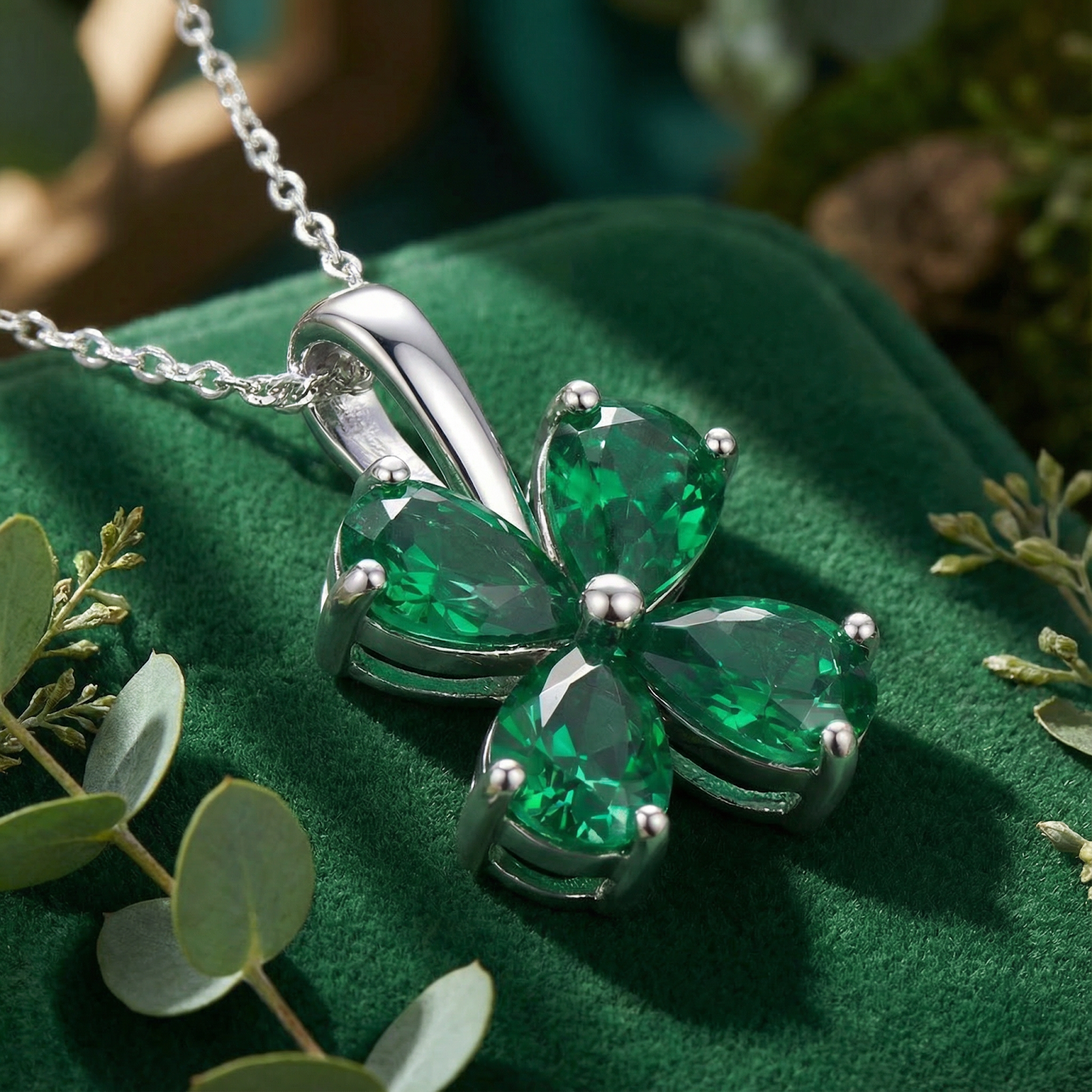 Close-up of a sterling silver clover pendant featuring four pear-cut simulated emeralds in a prong setting.